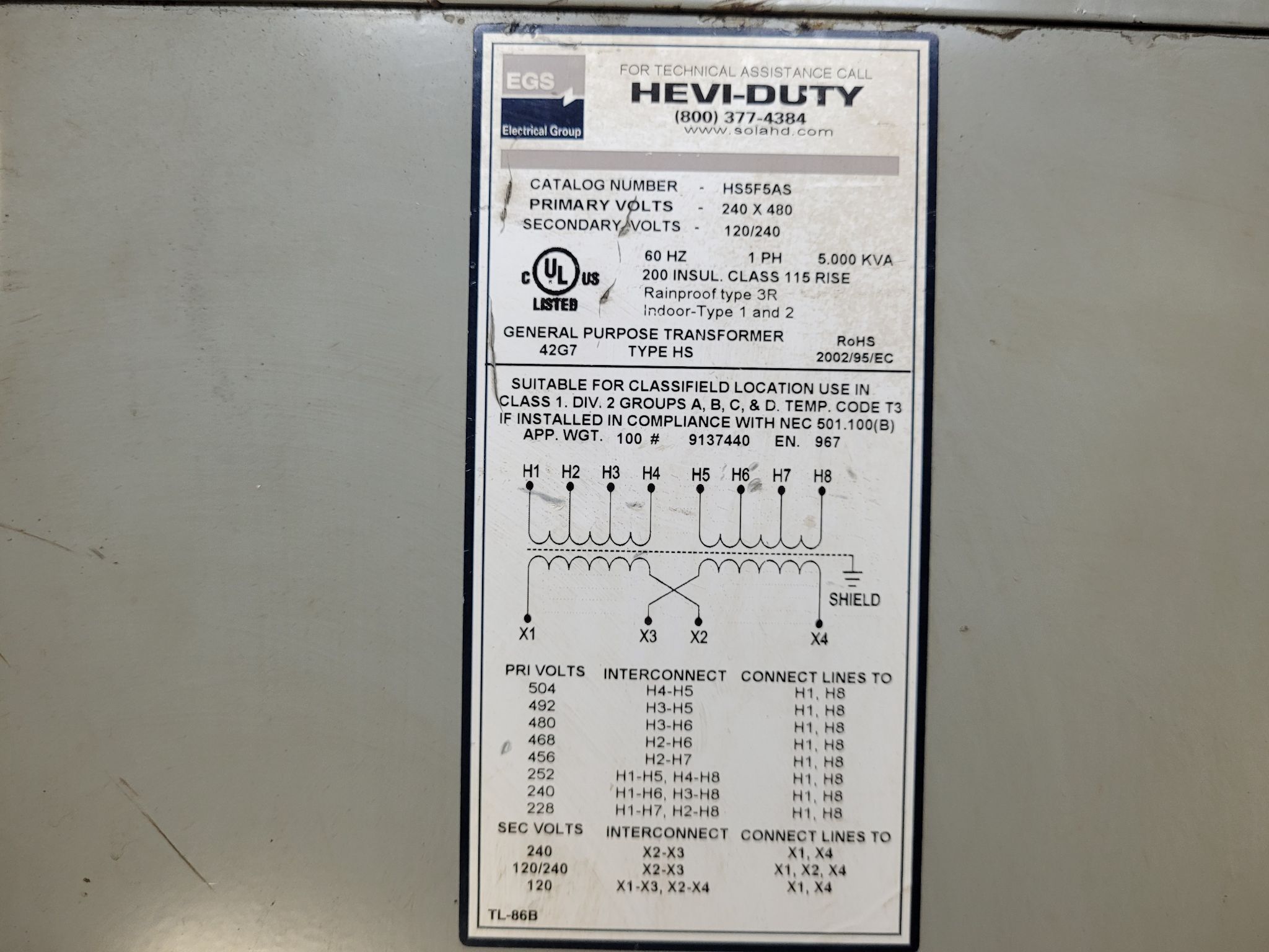 SolaHD - HS5F5AS Transformer 240X480V - 120/240V, 5 kVA USED 2