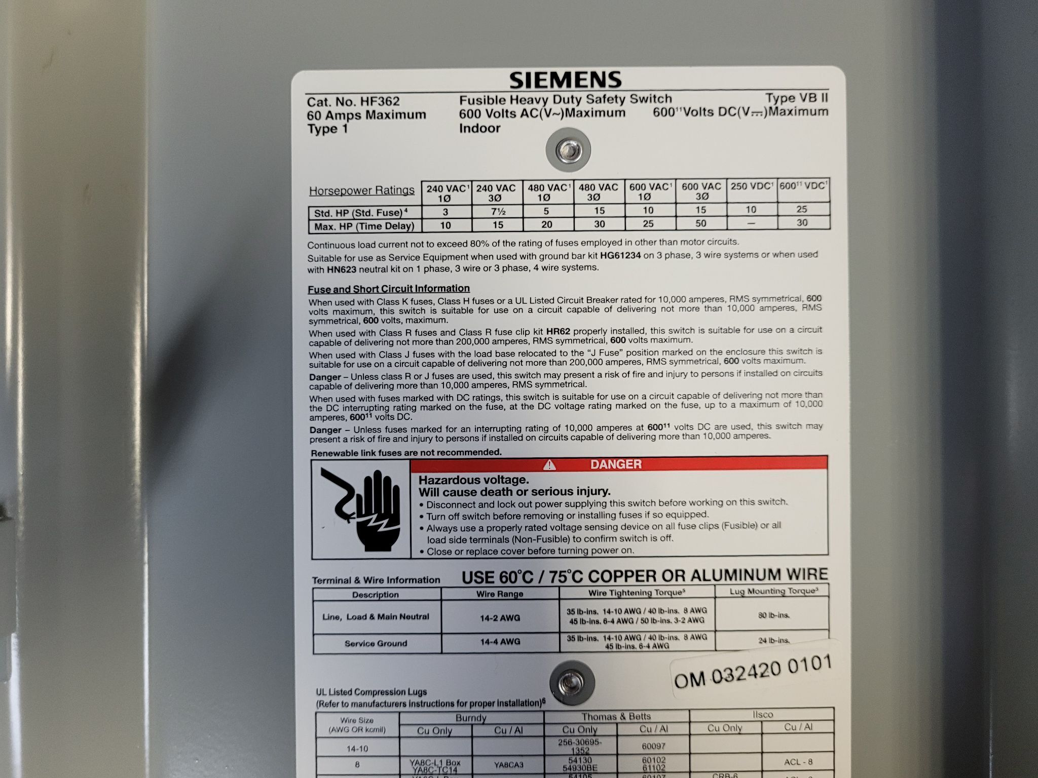 SIEMENS HF362 Safety Switch 60A 600V 3P NEMA 1 Type 1 USED 4