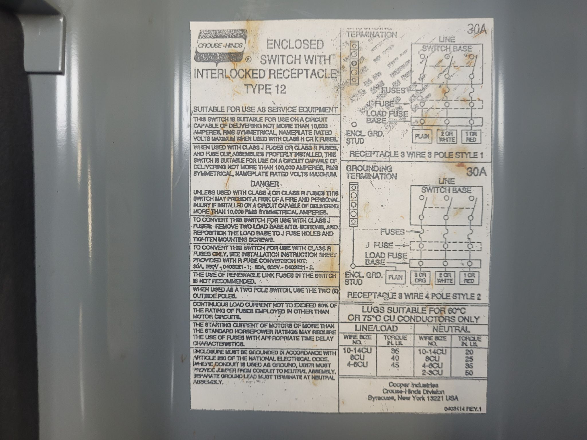 COOPER CROUSE-HINDS WSRD3352 30A 600V 3W4P Disconnect Switch USED 4