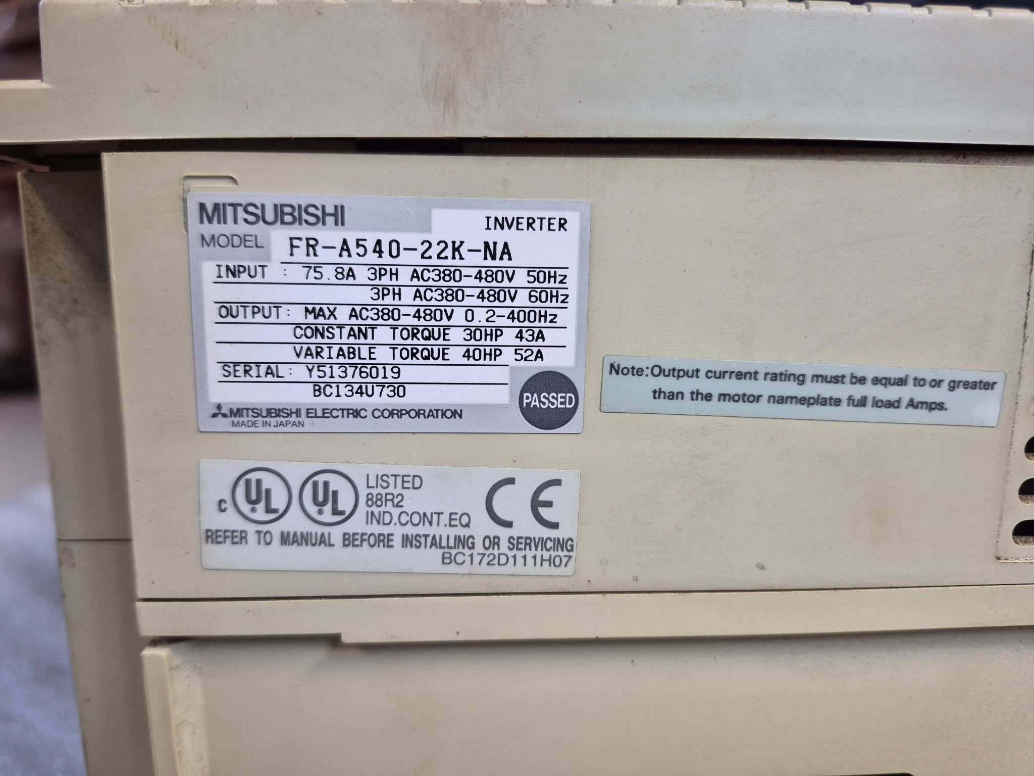 MITSUBISHI FR‑A540‑22K‑NA A500 Variable Frequency Drive USED 4