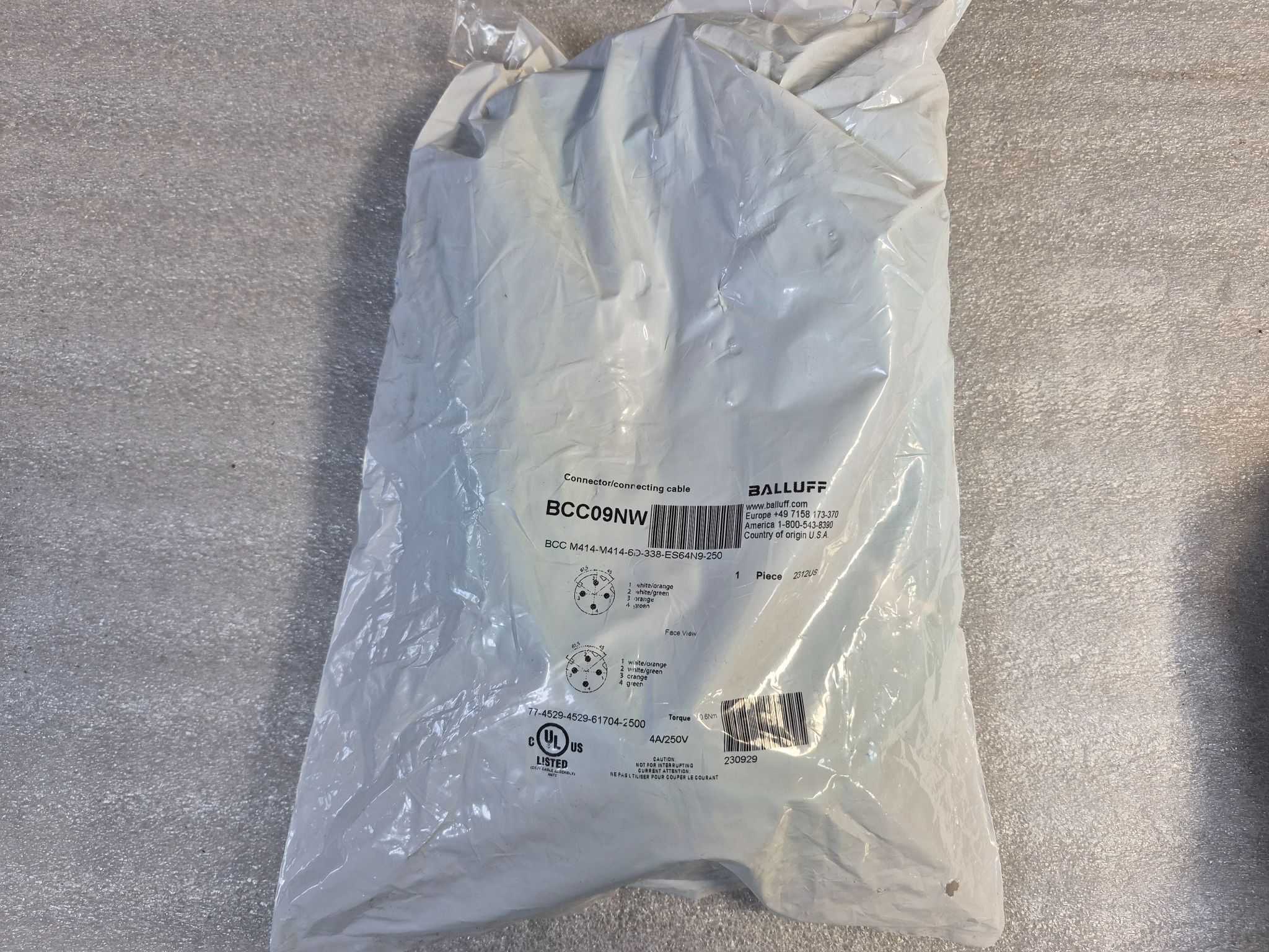 BALLUFF BCC M414-M414-6D-338-ES64N9-250 M12 Sensor Cable 25m 4 Pin NEW 0