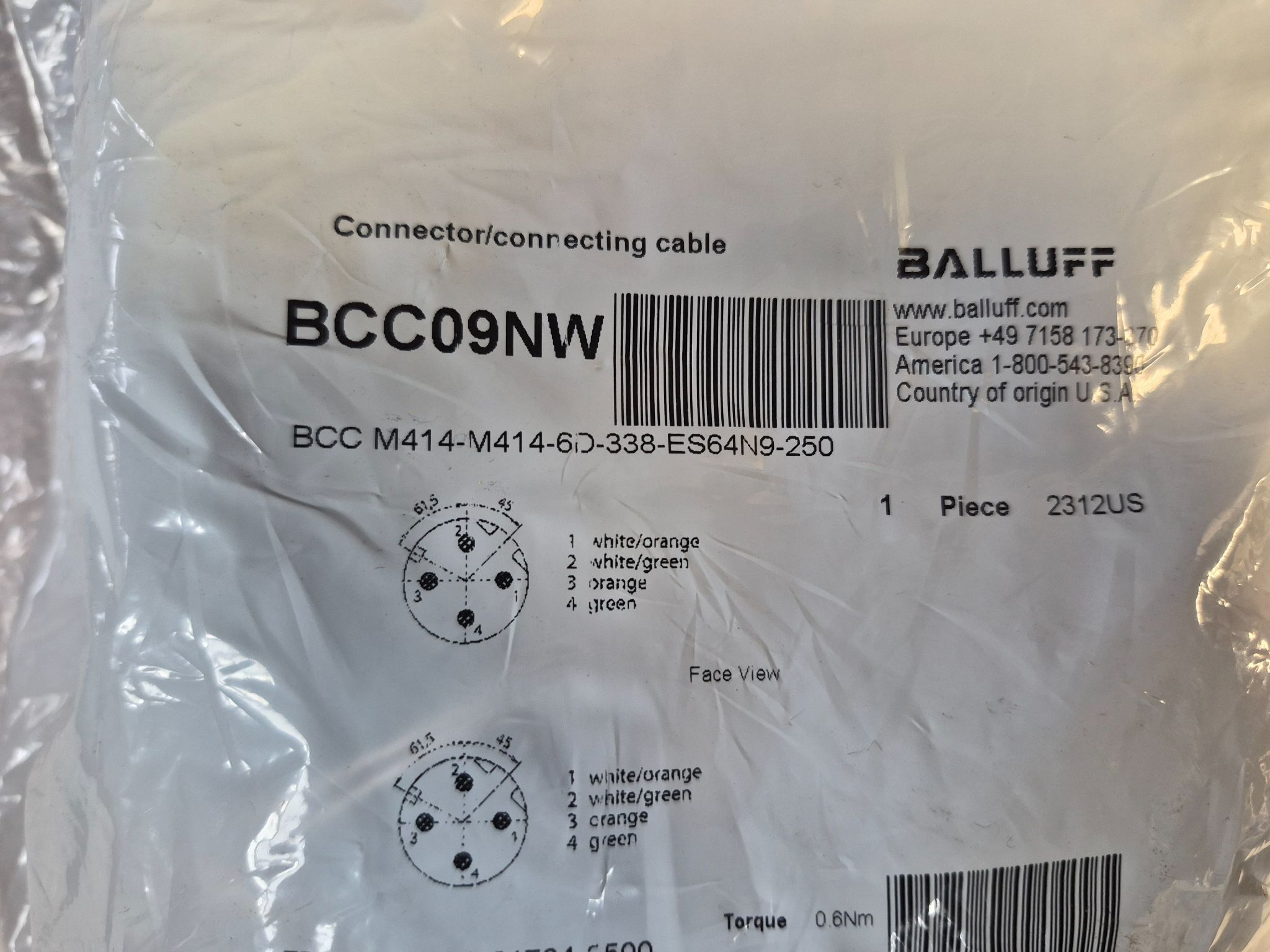 BALLUFF BCC M414-M414-6D-338-ES64N9-250 M12 Sensor Cable 25m 4 Pin NEW 2