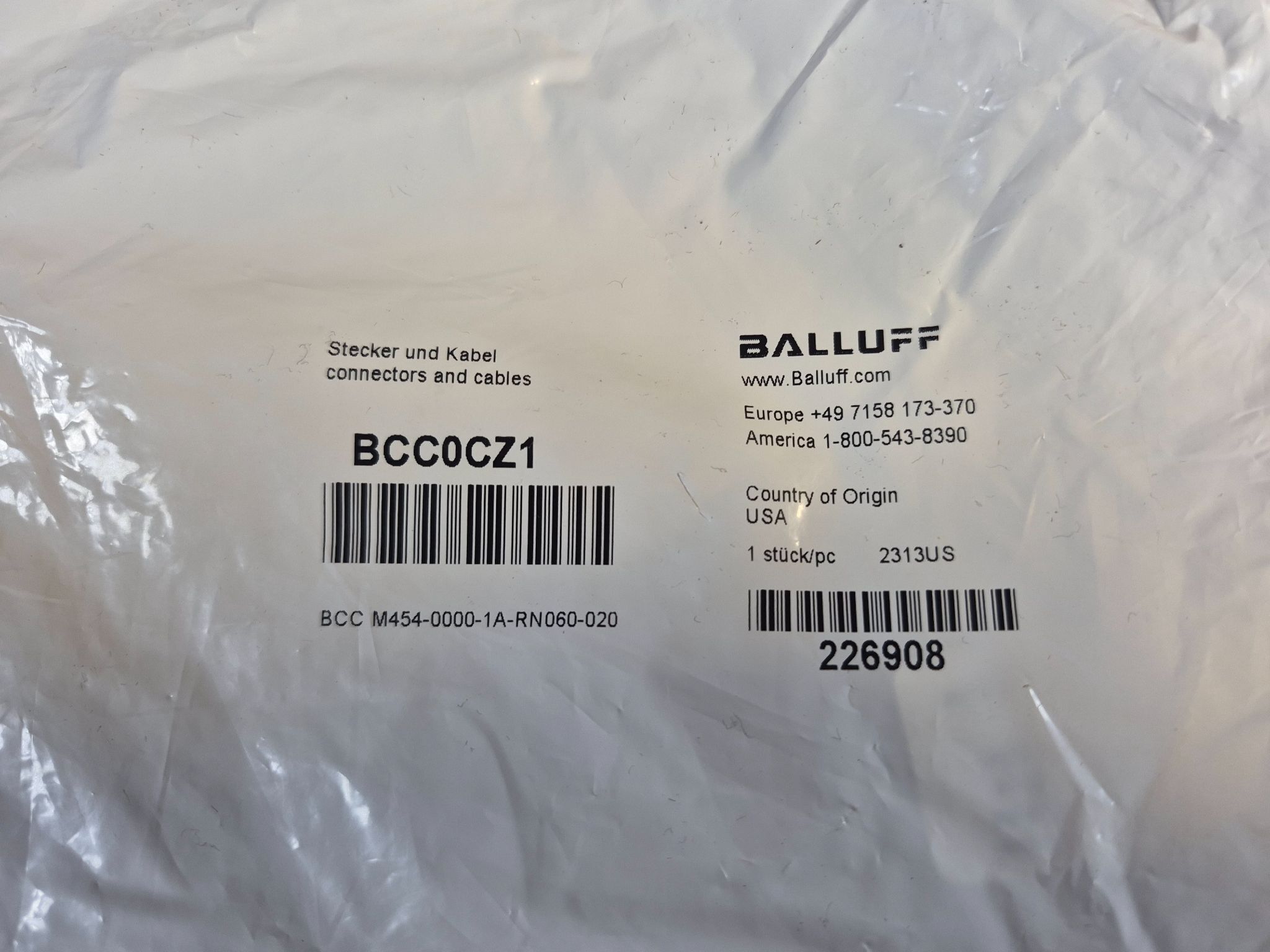 BALLUFF BCC M454‑0000‑1A‑RN060‑020 M12x1 Female 4-Pin Receptacle Cable BCC0CZ1 (2m) NEW 1