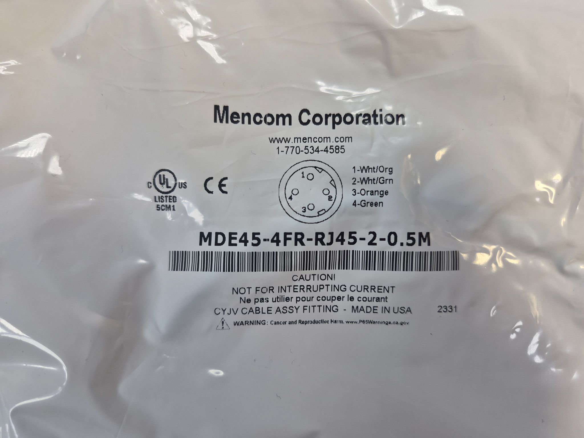 MENCOM MDE45‑4FR‑RJ45‑2‑0.5M M12 4-Pin D-Coded E-Net Female Bulkhead w/ RJ45 Plug NEW 1