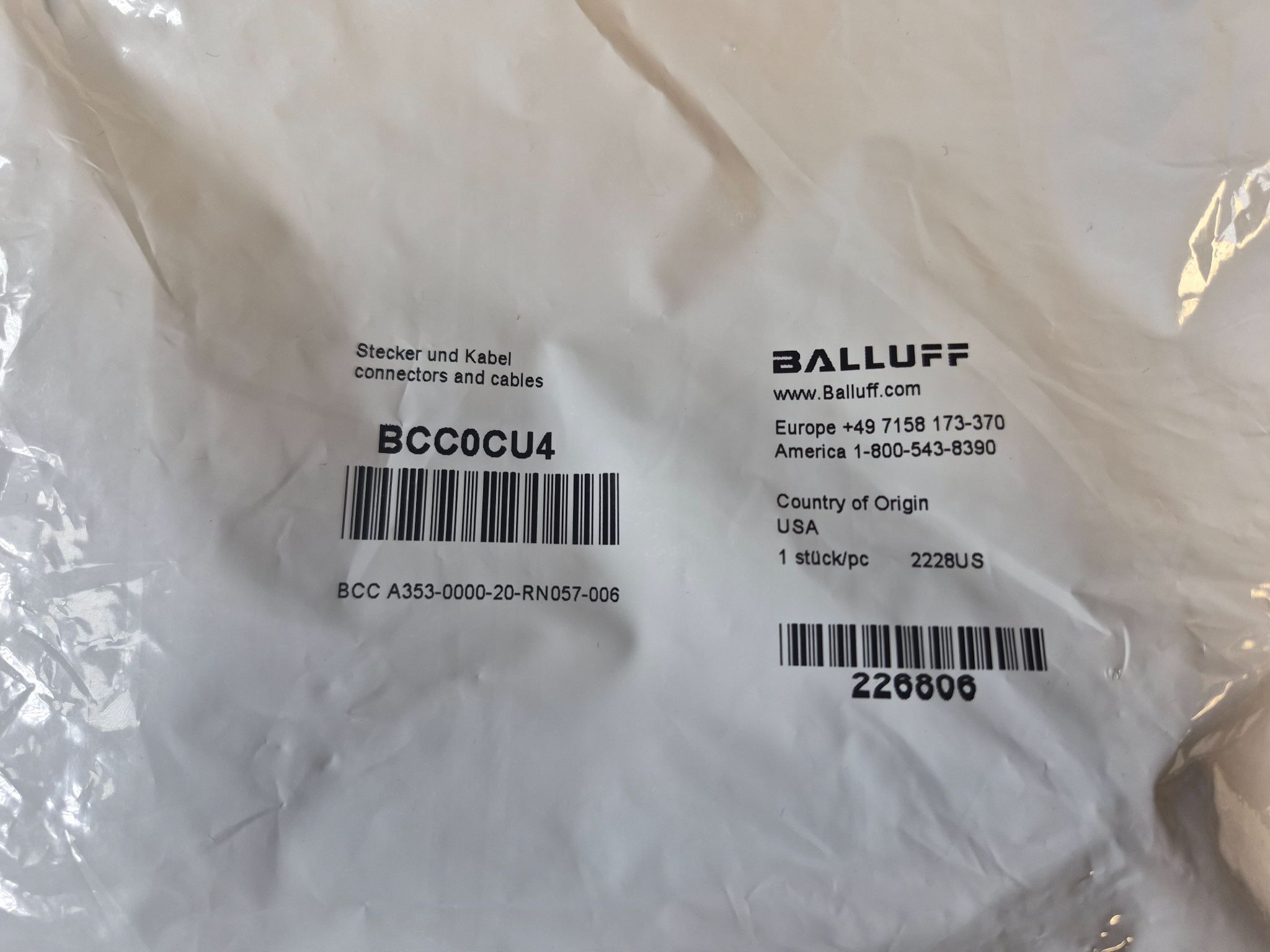BALLUFF BCC A353‑0000‑20‑RN057‑006 7/8" Male 3-Pin Receptacle Cable BCC0CU4 (0.6m) NEW 1