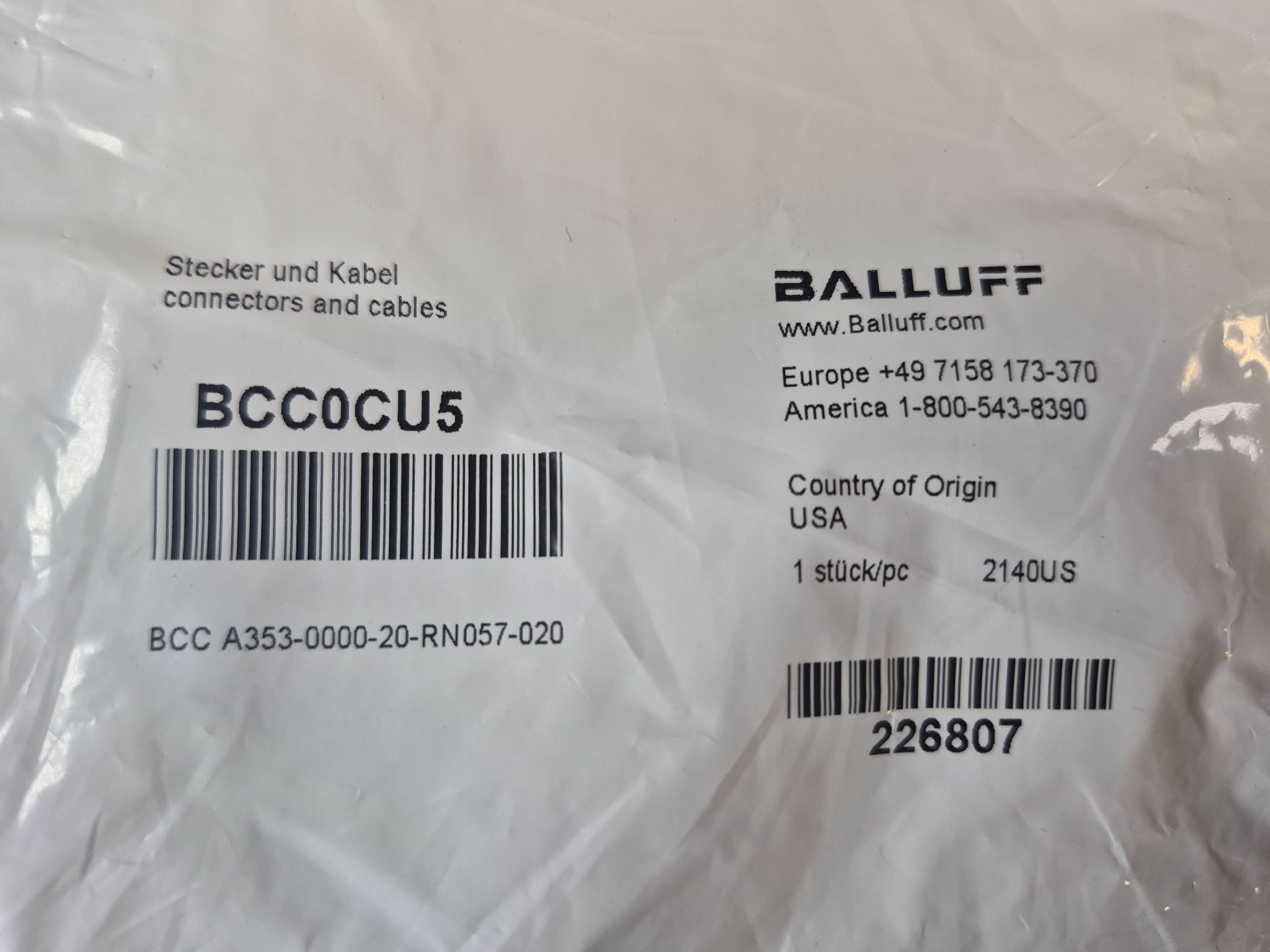 BALLUFF BCC A353-0000-20-RN057-020 7/8" Male 3-Pin Receptacle Cable BCC0CU5 (2m) NEW 1