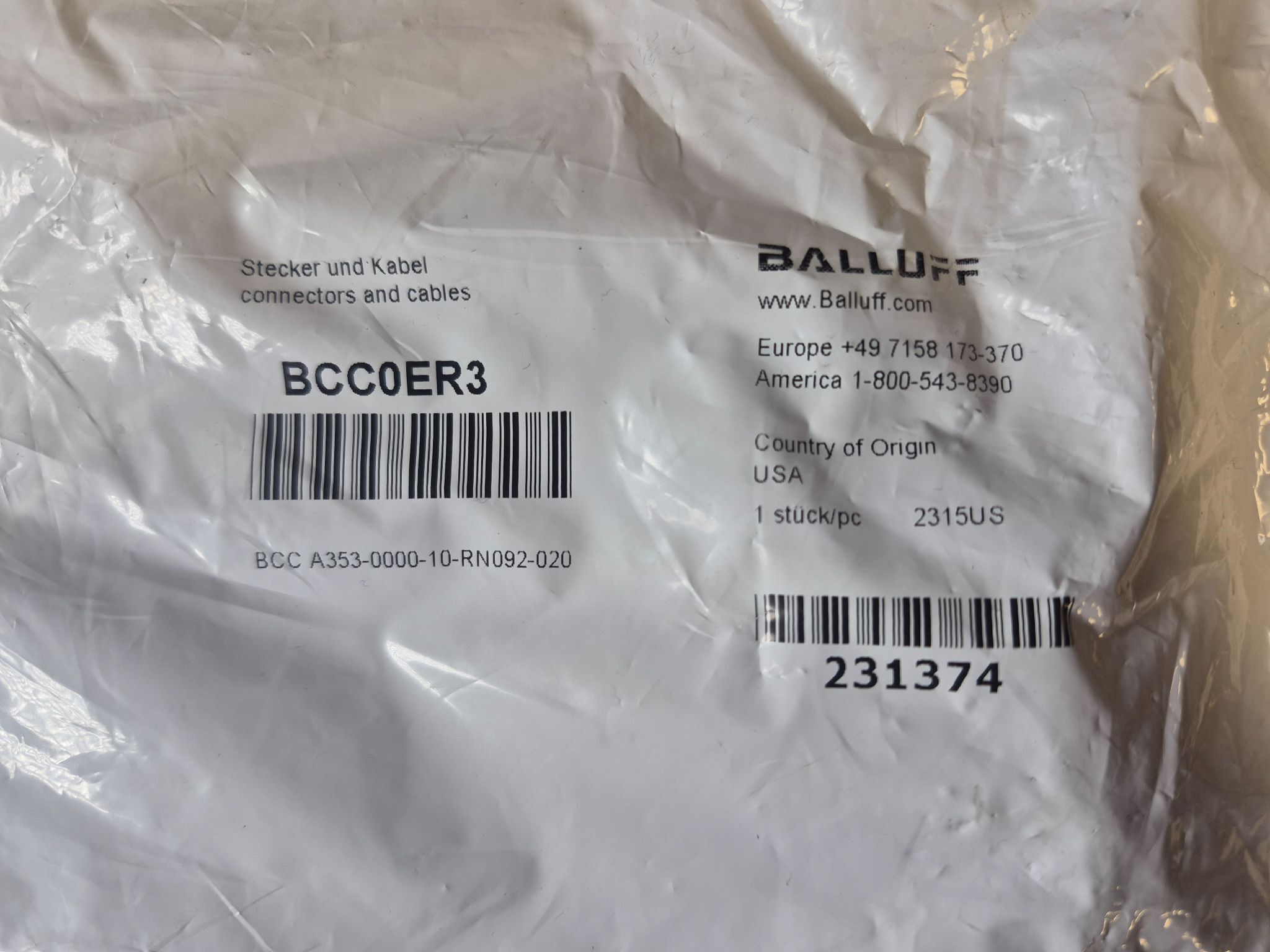 BALLUFF BCC A353-0000-10-RN092-020 7/8" Female 3-Pin Receptacle Cable BCC0ER3 (2m) NEW 1