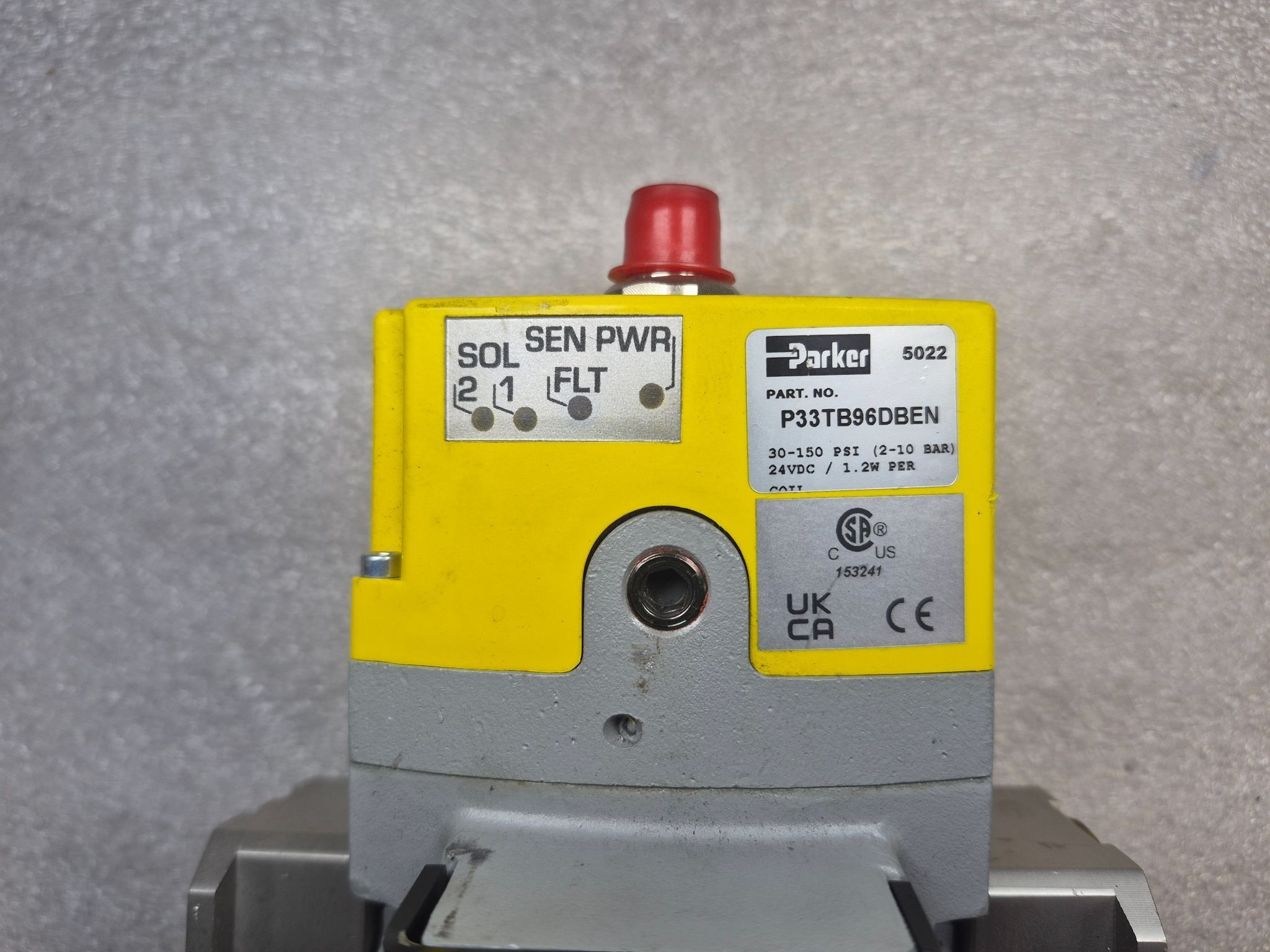 PARKER P33TB96DBEN Pneumatic Safety Exhaust Valve 24VDC 30-150 PSI USED 1