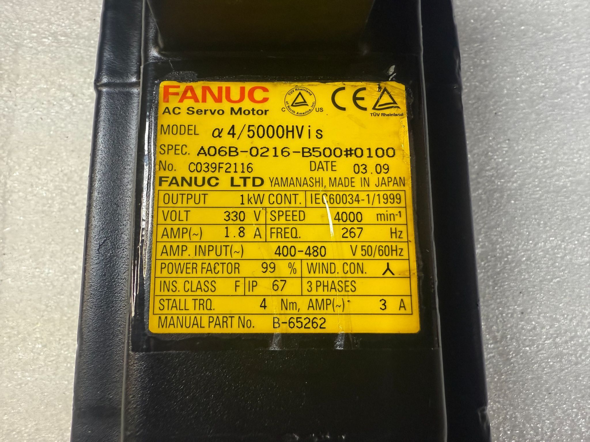 FANUC A06B‑0216‑B500#0100 Alpha 4/5000HVis AC Servo Motor USED / REPAIRED 4