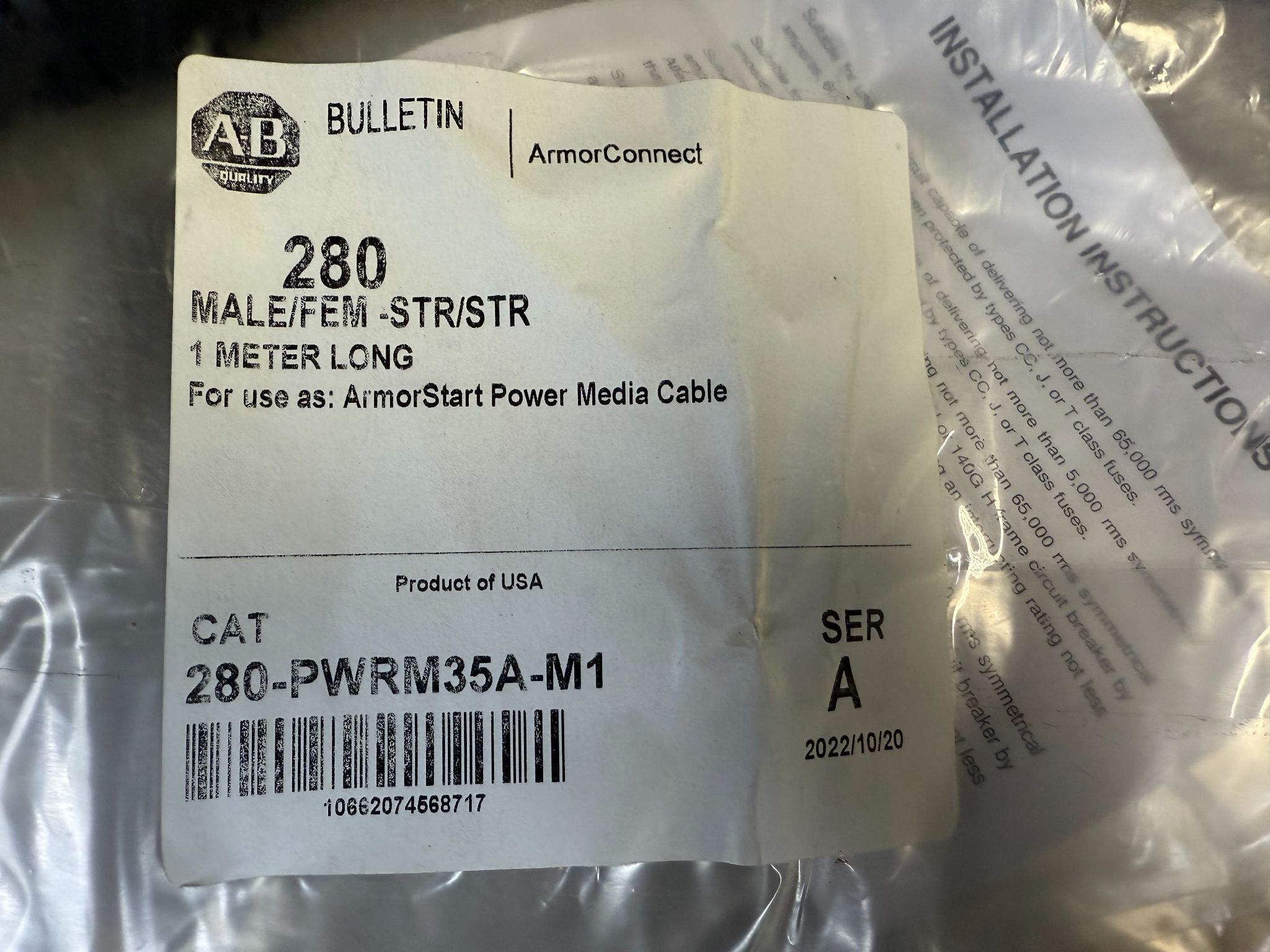 ALLEN BRADLEY 280-PWRM35A-M1 ArmorStart Power Media Cable (1m) NEW 1