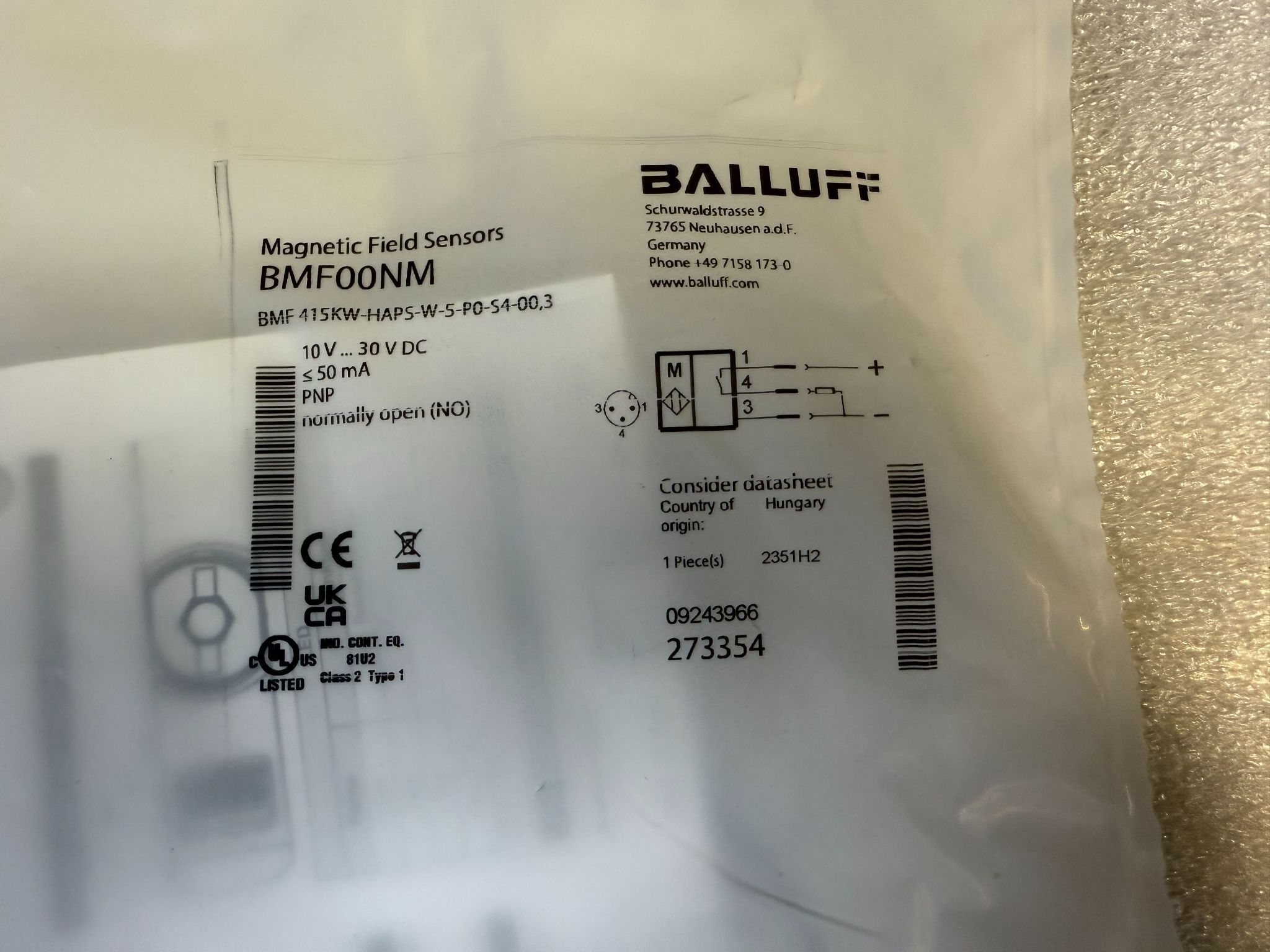 BALLUFF BMF 415KW-HAPS-W-5-P0-S4-00,3 Magnetic Field Sensor BMF00NM NEW 2
