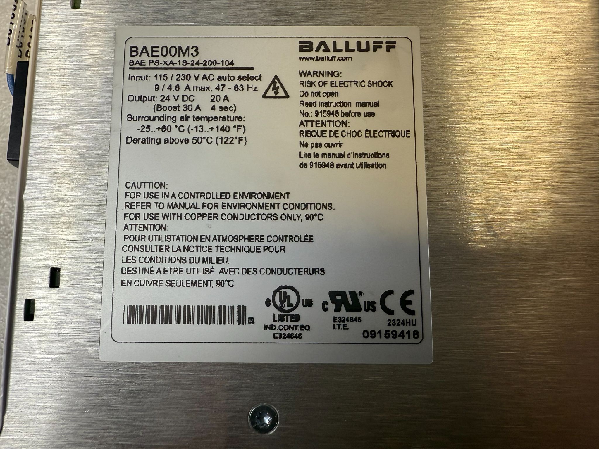 BALLUFF BAE PS-XA-1S-24-200-104 24VDC Power Supply BAE00M3 USED 2