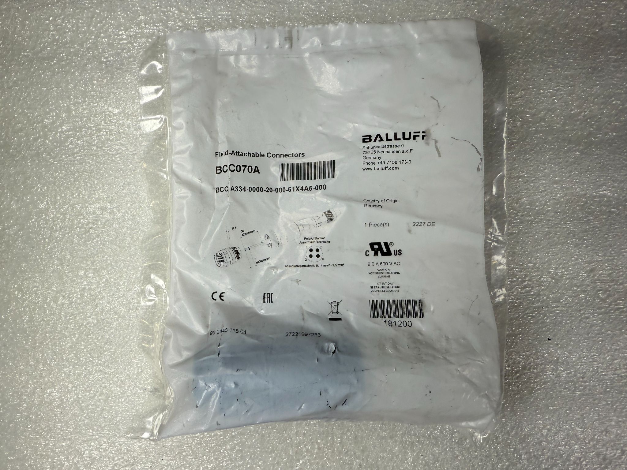 BALLUFF BCC A334-0000-20-000-61X4A5-000 7/8"-16 UN Male 4-Pin Field Connector BCC070A NEW 0