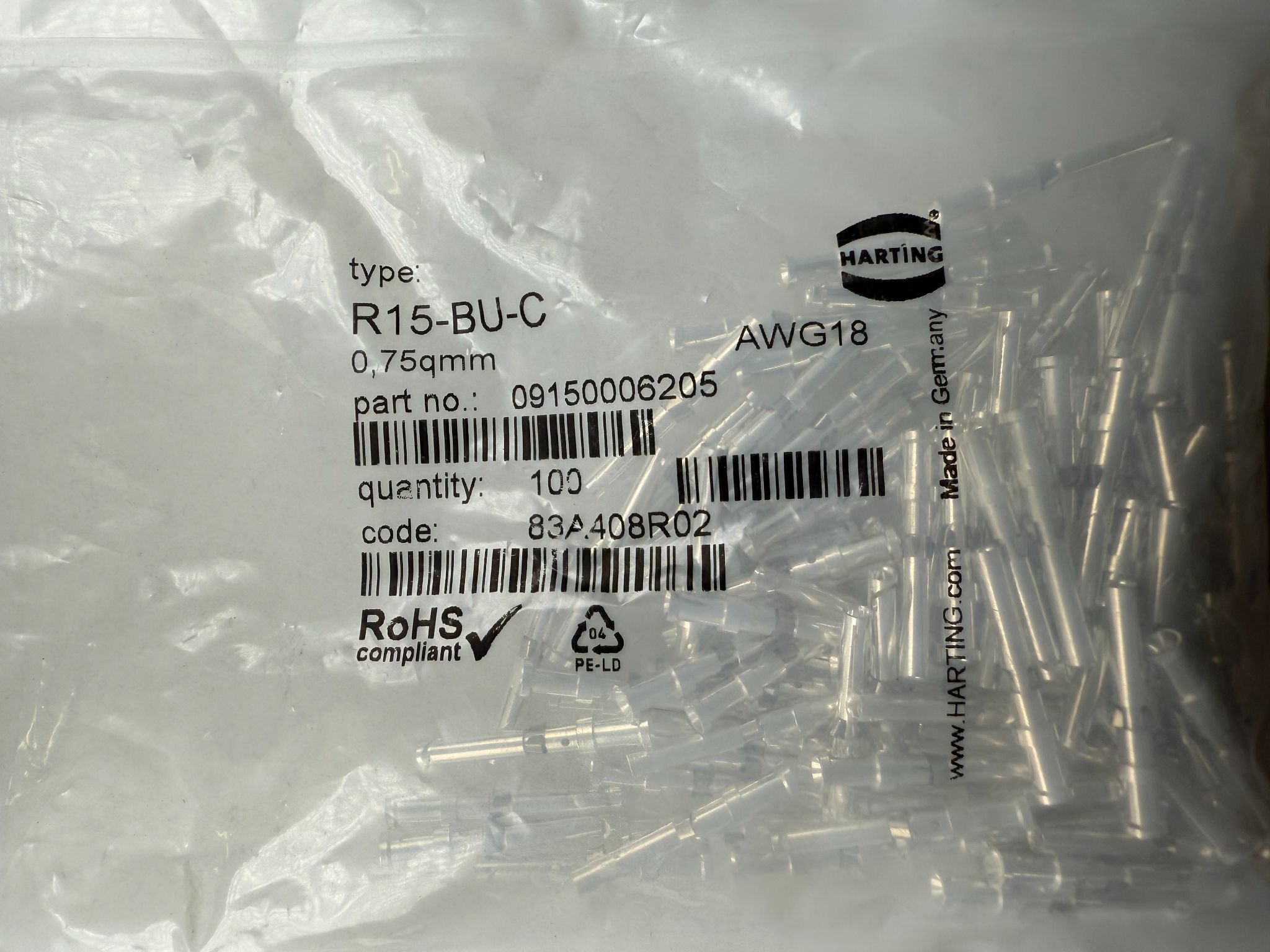HARTING 09150006205 R15-BU-C Crimp Contact NEW (100-Pack) 1