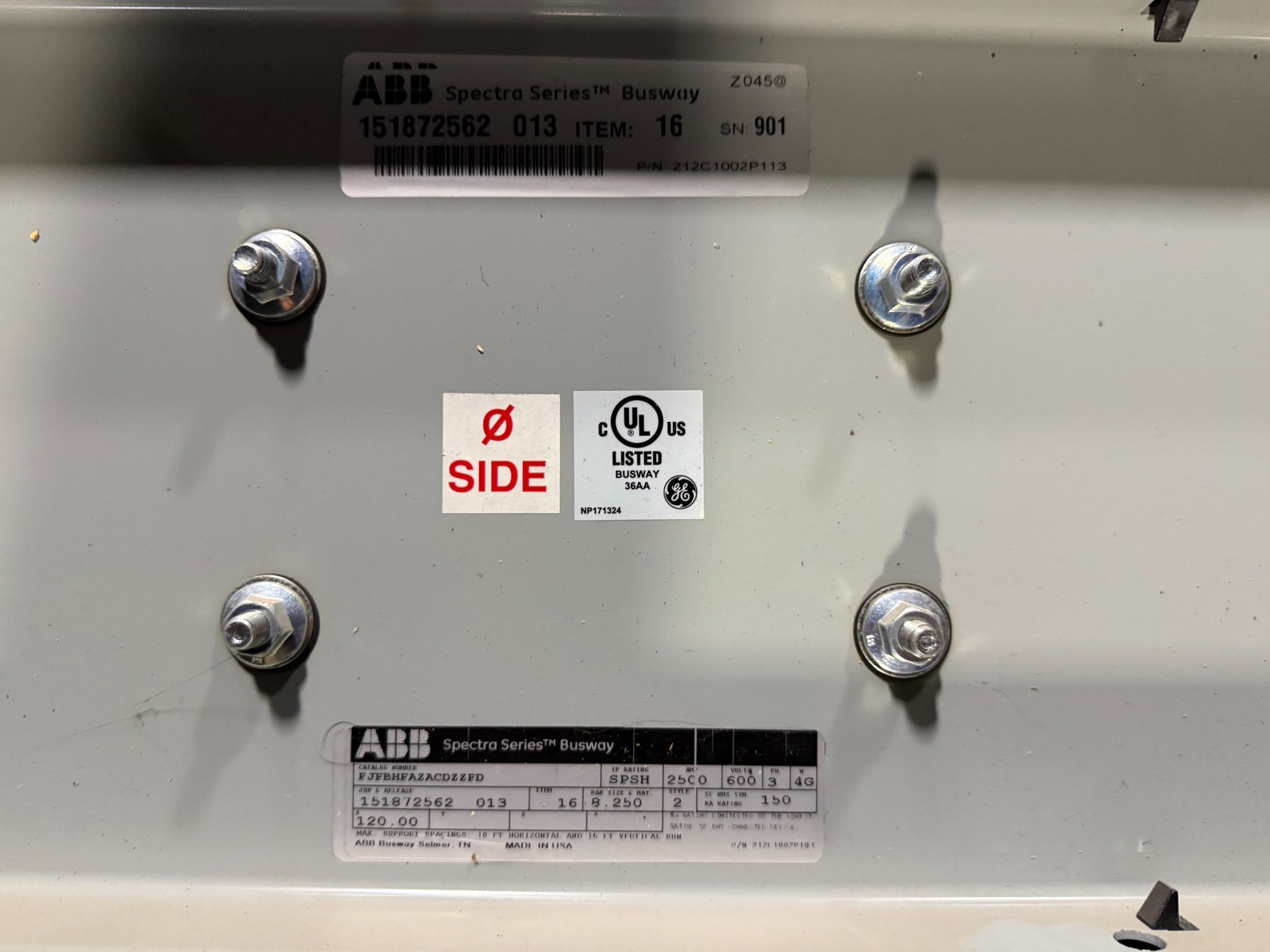 ABB 2500A Spectra Series 10' Straight Length Copper Busway SPSH, 600V, 4G NEW 3