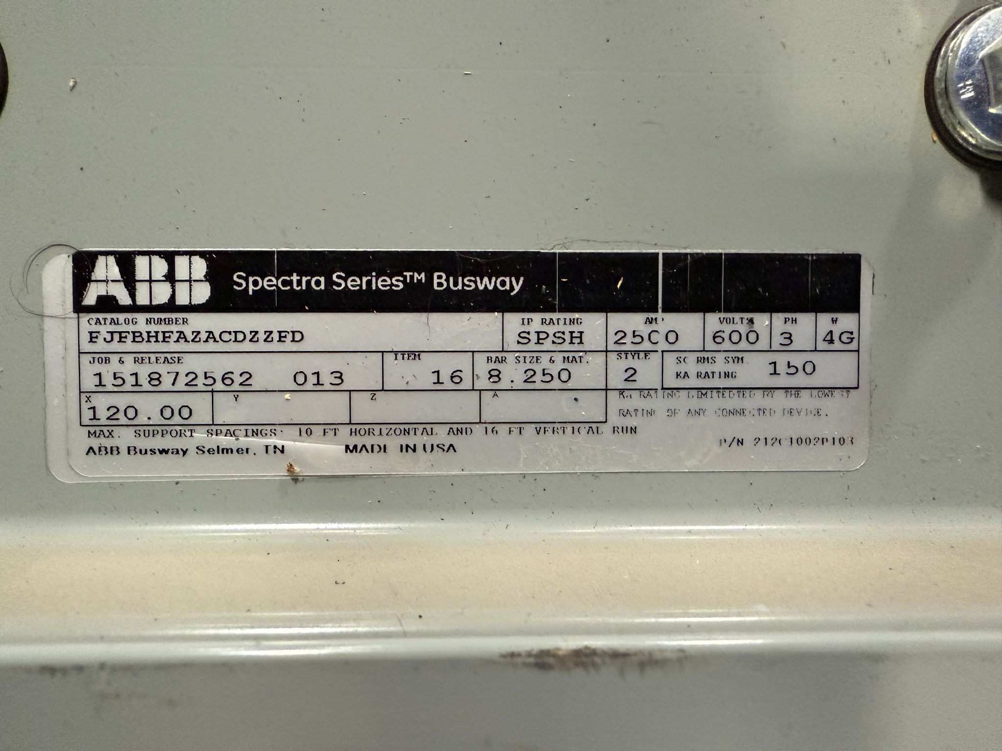 ABB 2500A Spectra Series 10' Straight Length Copper Busway SPSH, 600V, 4G NEW 4