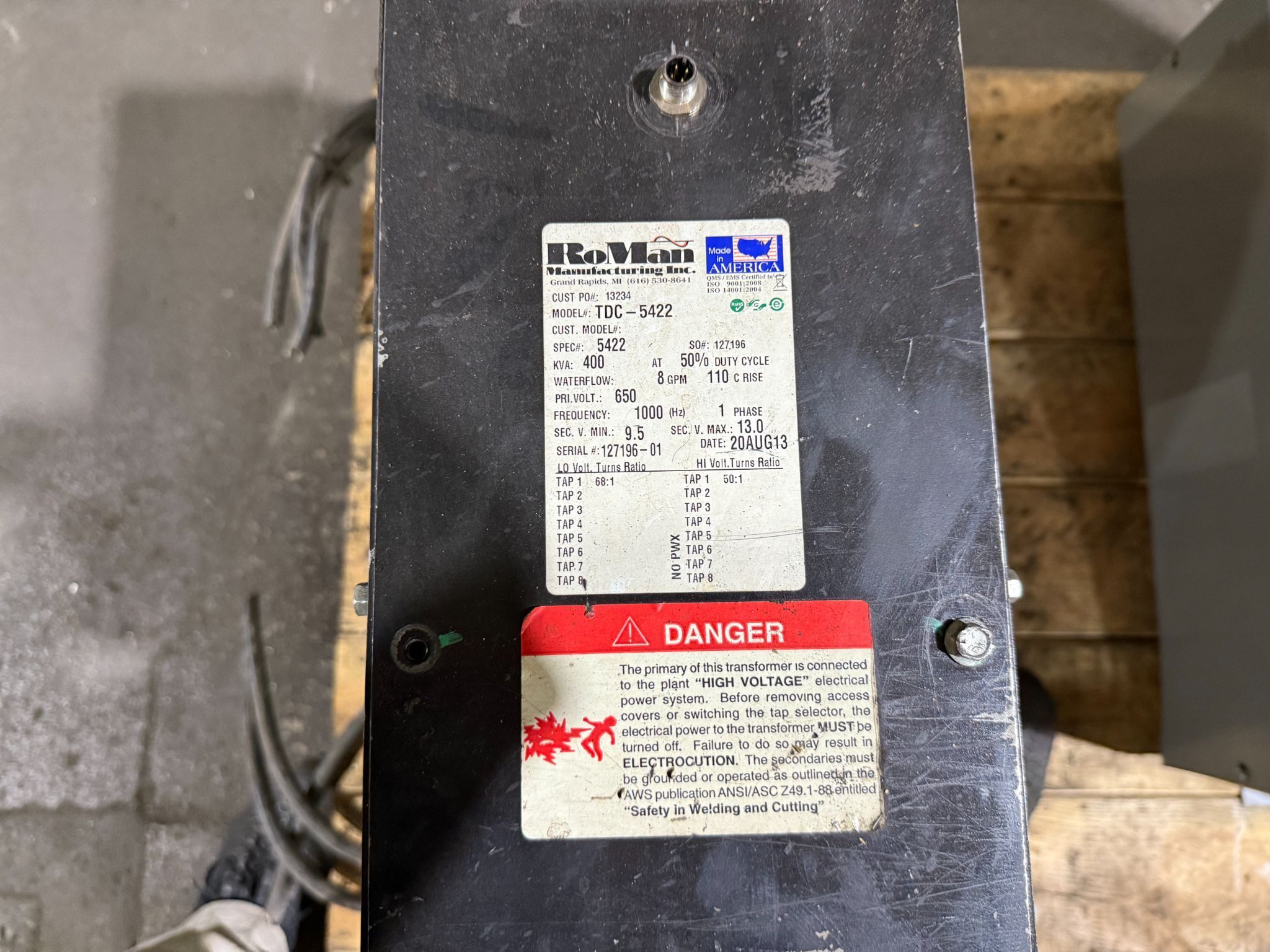 RoMan Manufacturing TDC-5422 MFDC Power Supply, Water Cooled, 400 KVA USED 3