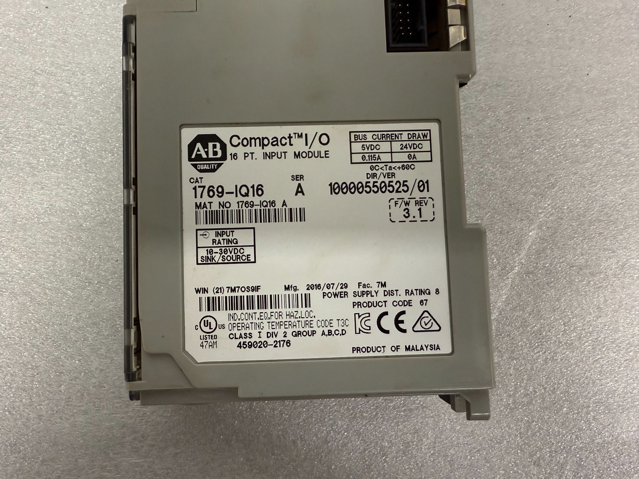 ALLEN BRADLEY 1769-IQ16 Compact I/O Digital Input Module USED 3