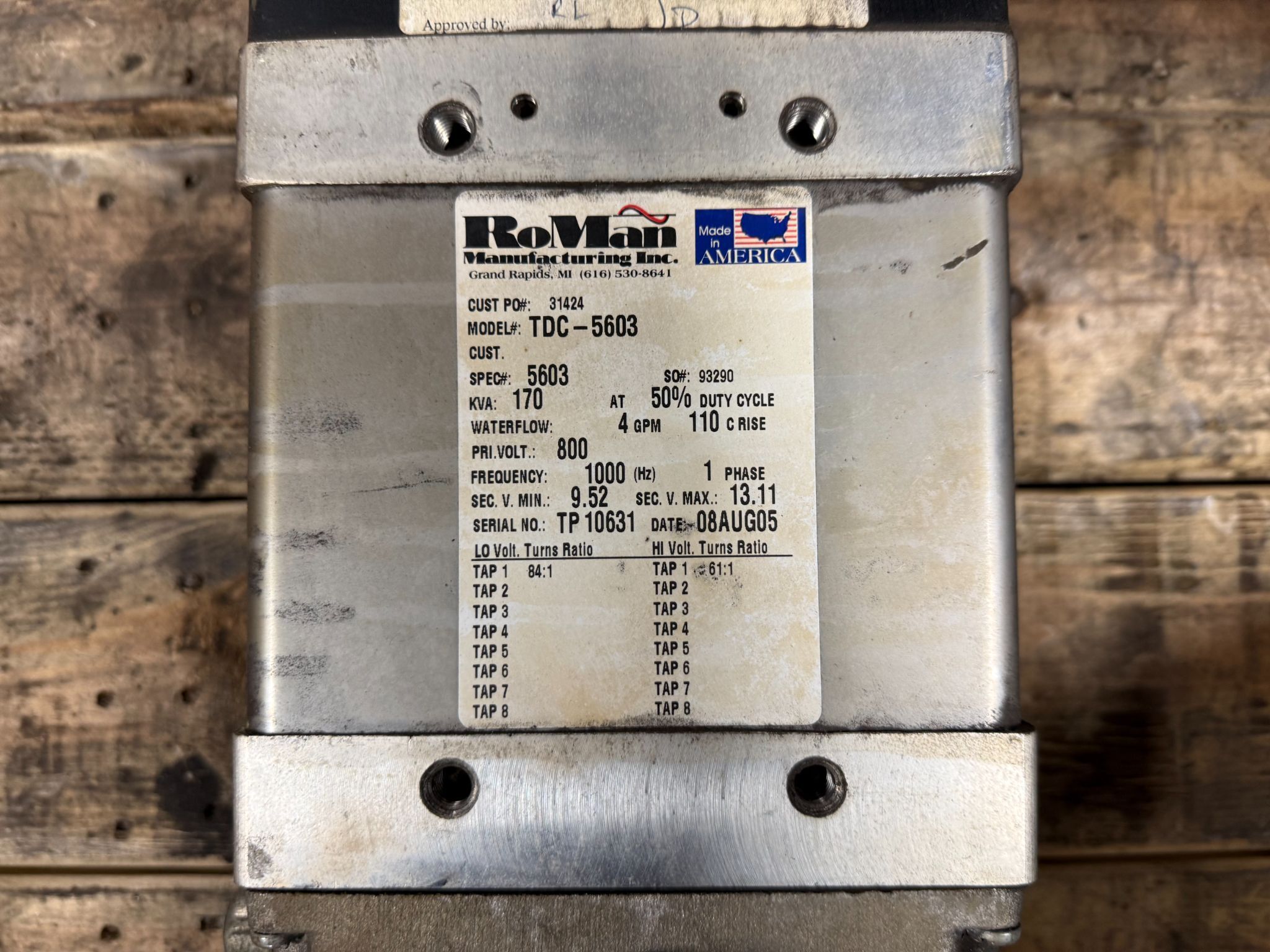 RoMan Manufacturing TDC-5603 135 KVA Welding Transformer 800V, 1-PH USED 1