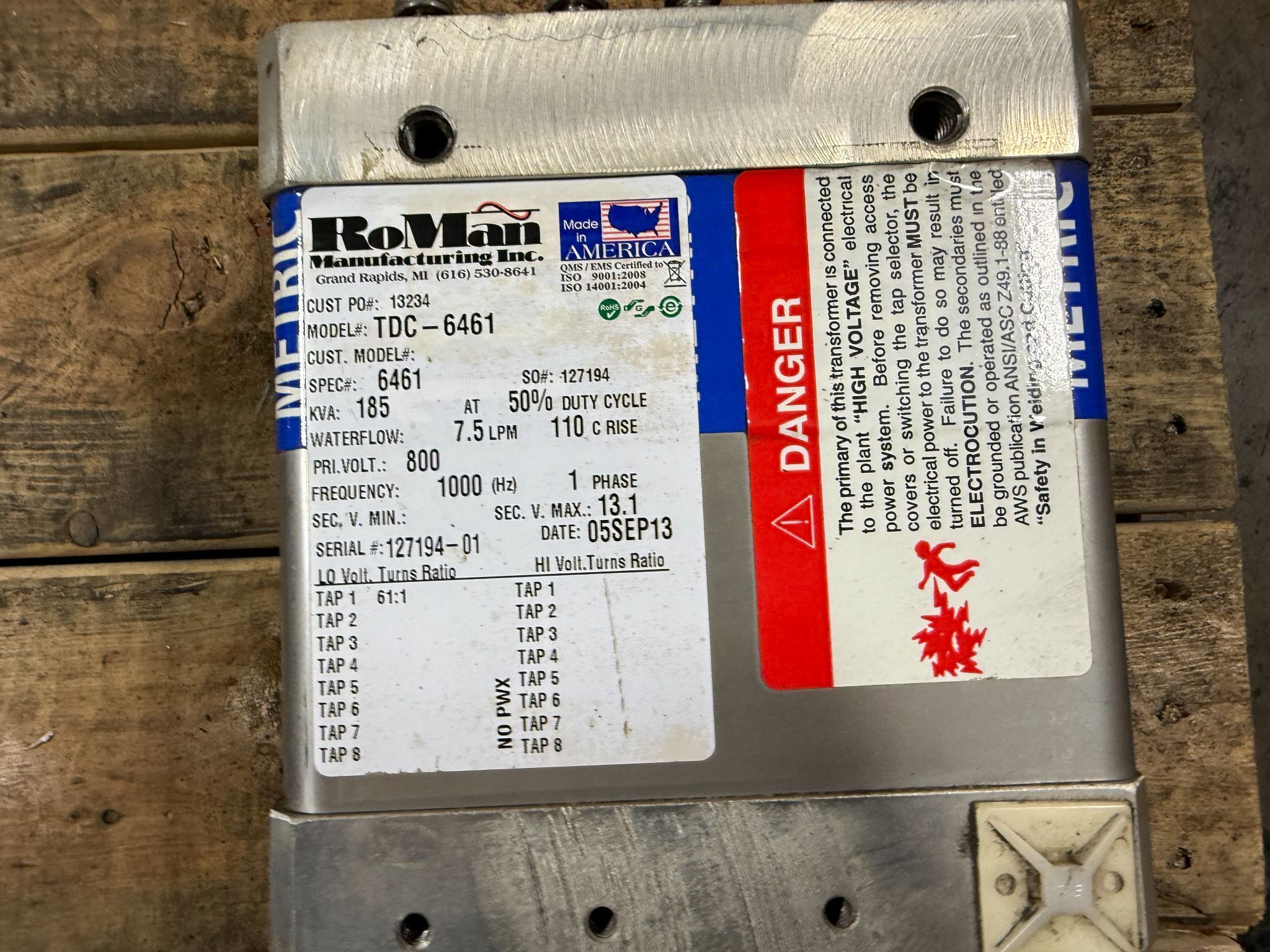 RoMan Manufacturing TDC-6461 185 KVA Welding Transformer 800V, 1-PH USED 1