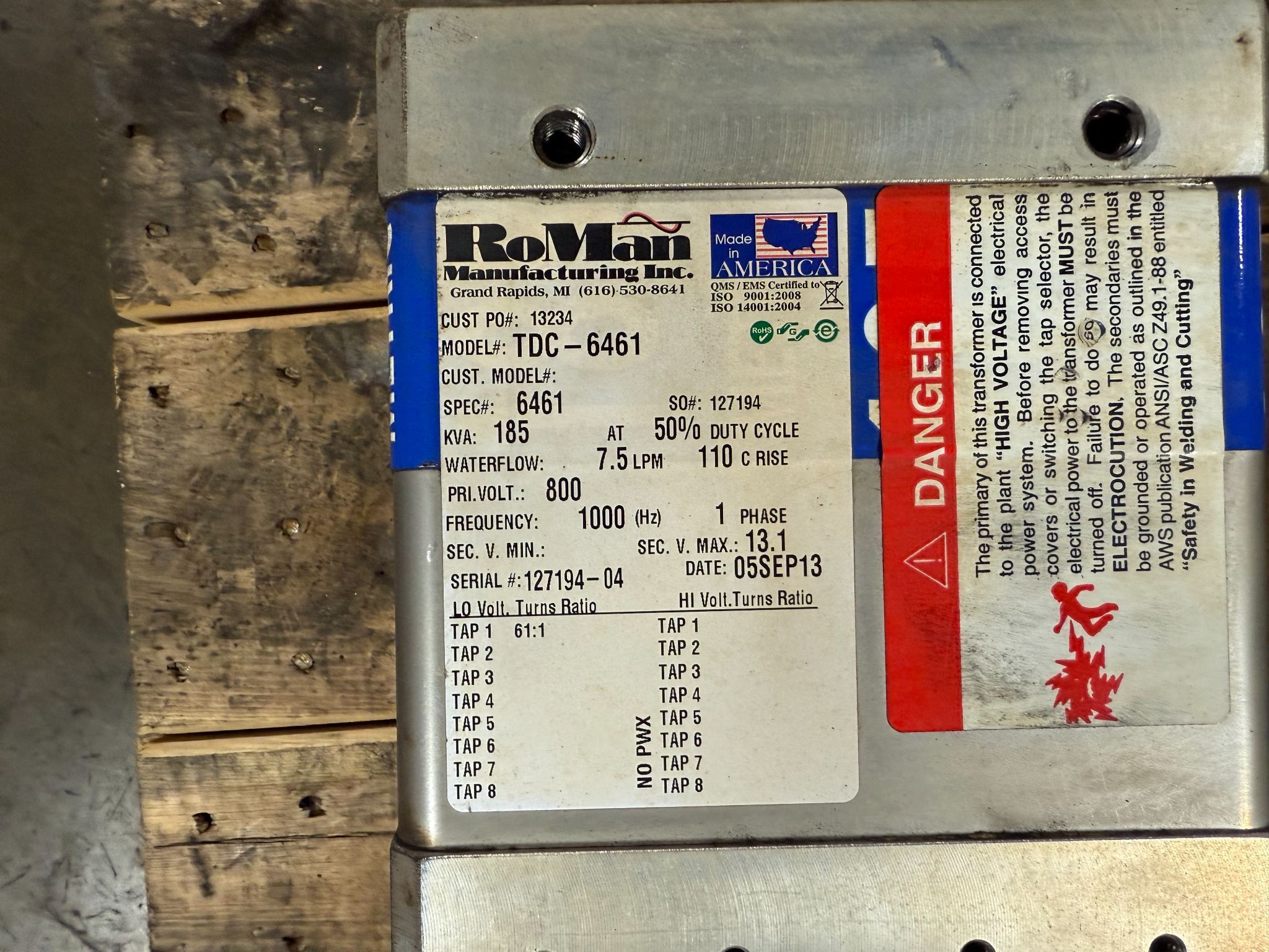 RoMan Manufacturing TDC-6461 185 KVA Welding Transformer 800V, 1-PH USED 3