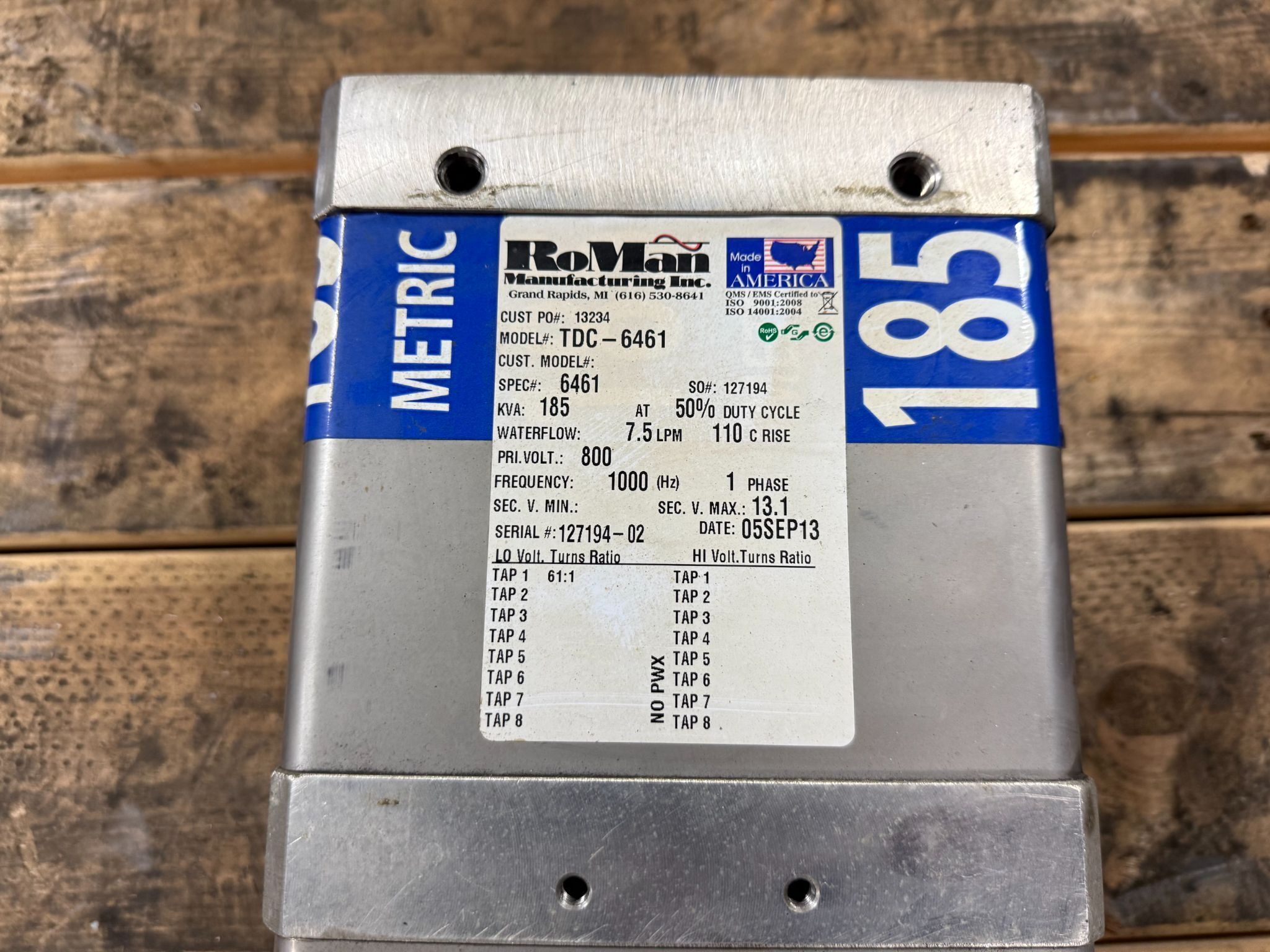 RoMan Manufacturing TDC-6461 185 KVA Welding Transformer 800V, 1-PH USED 1