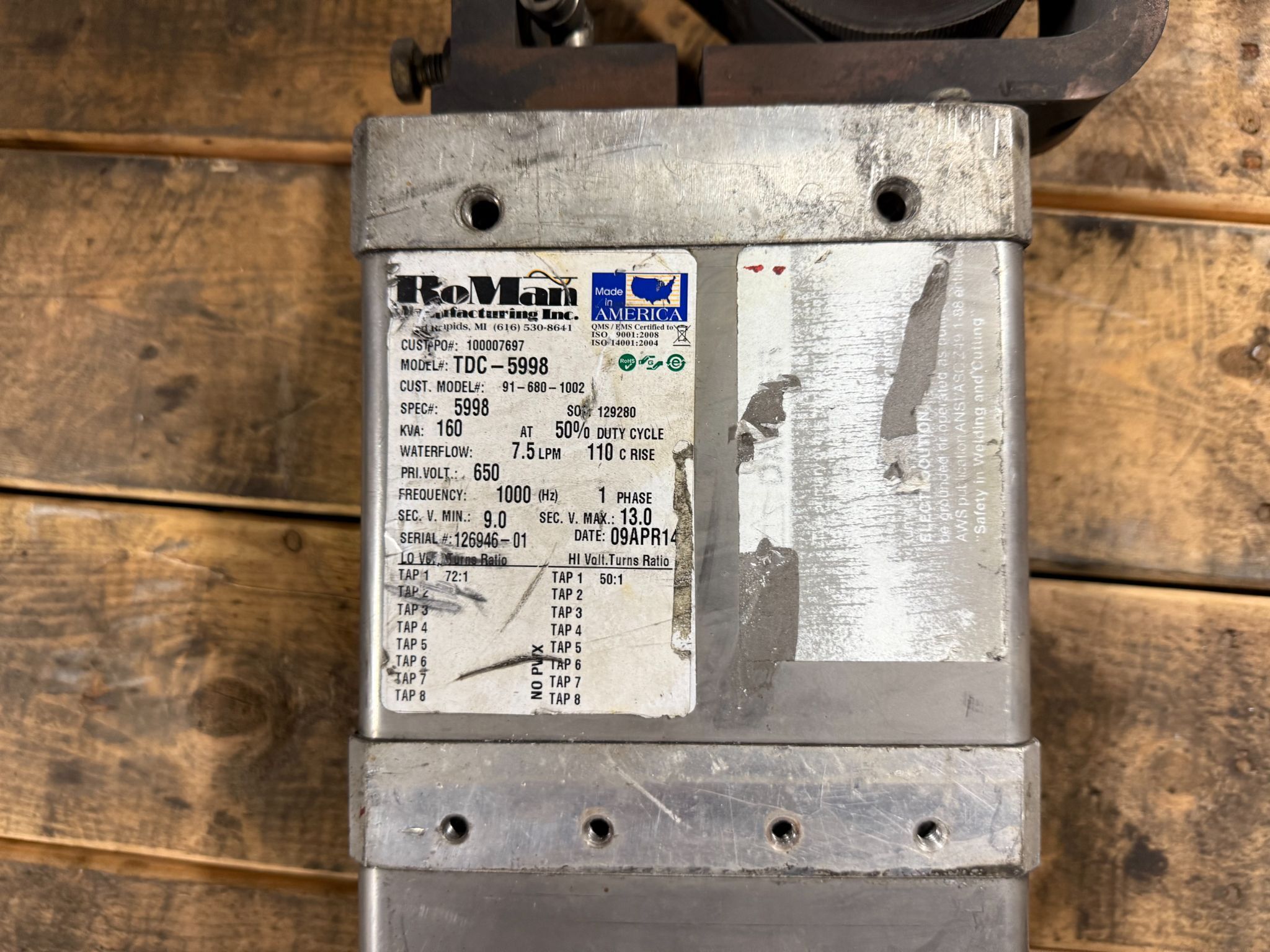 RoMan Manufacturing TDC-5998 160 KVA Welding Transformer 650V, 1-PH USED 1
