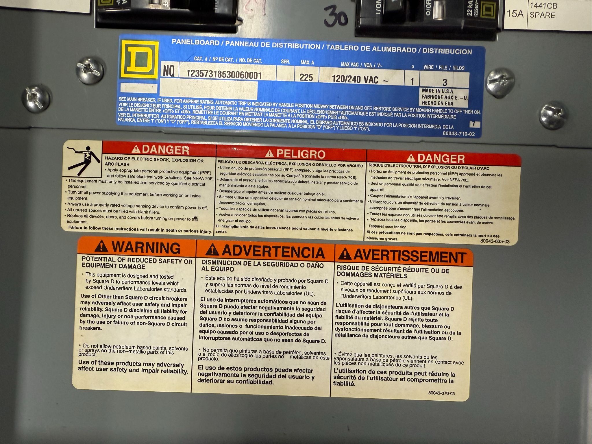 SQUARE D NC32SHR Breaker Panel w/ 30 (15 A) Fuse Slots USED 6
