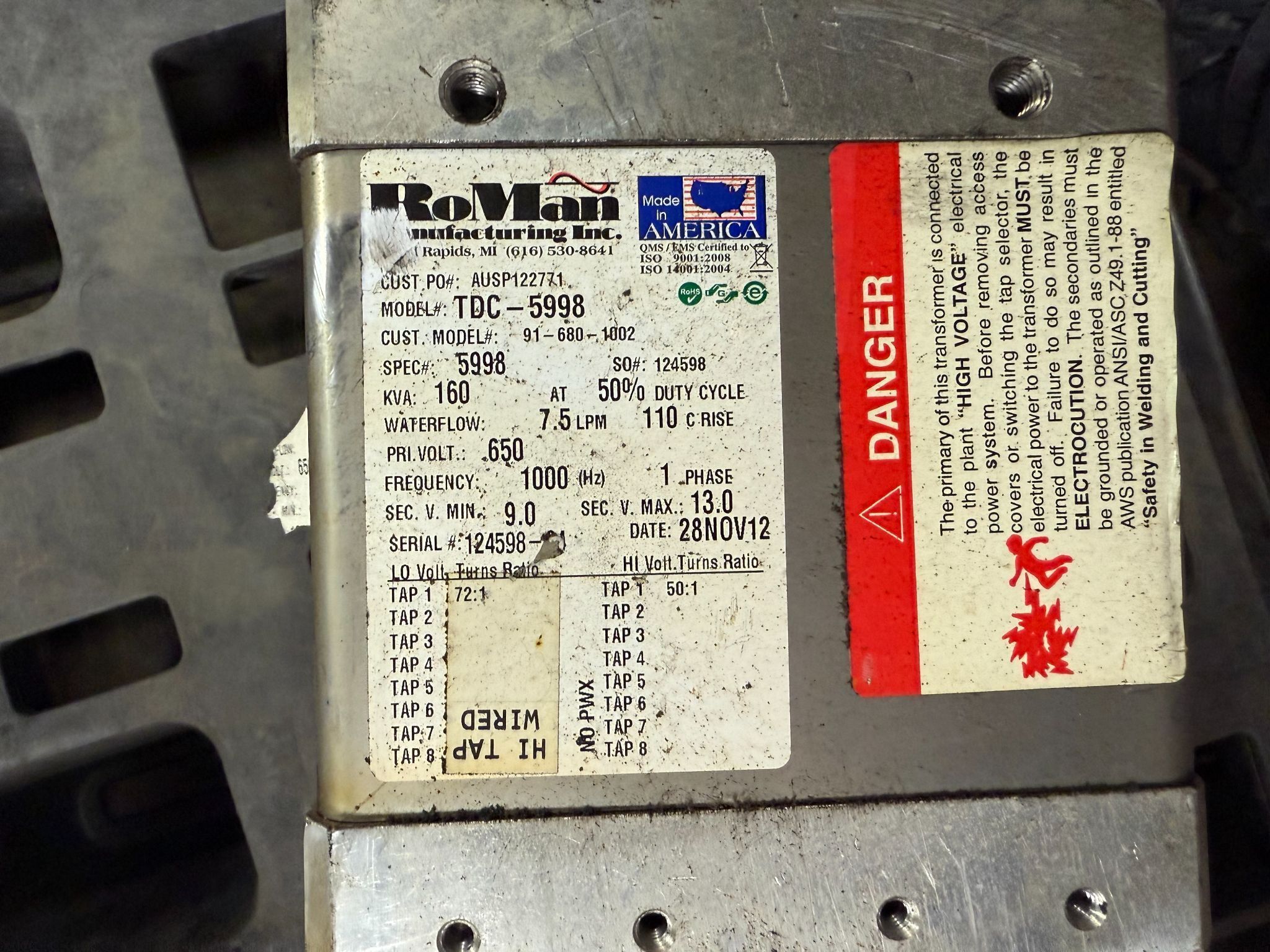 RoMan Manufacturing TDC-5998 650V, 160kVa MFDC Transformer USED 3