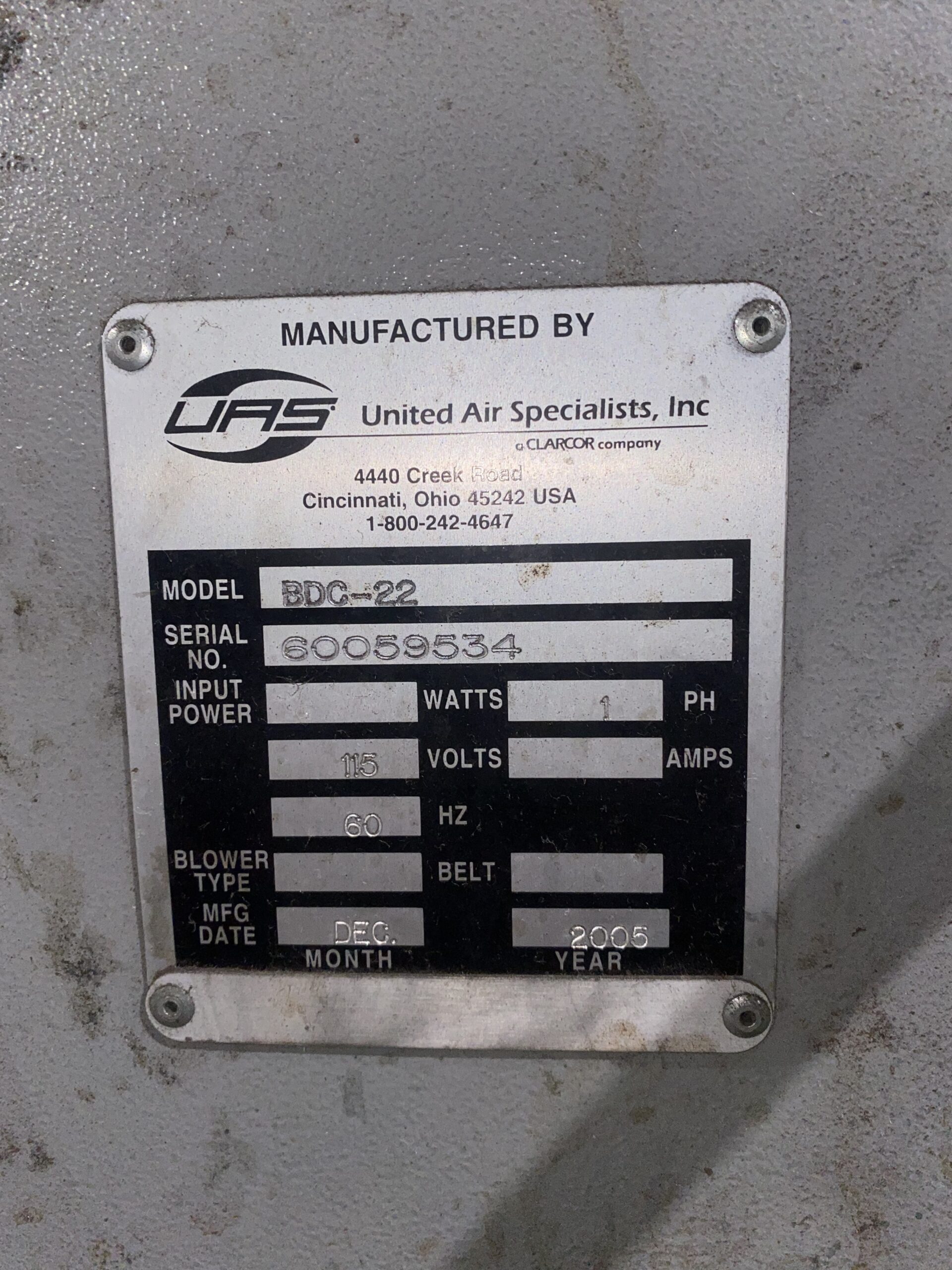 UNITED AIR SPECIALISTS - BDC-22 Dust Collector USED 7