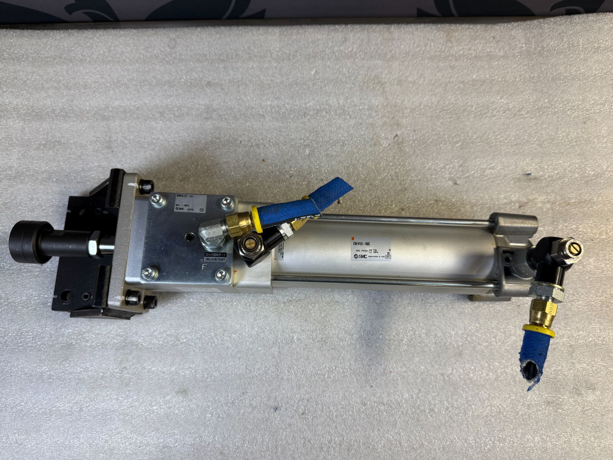 SMC C96NF63‑160C Pneumatic Cylinder w/ MWB63TF‑UA Lock‑Up Unit USED 0