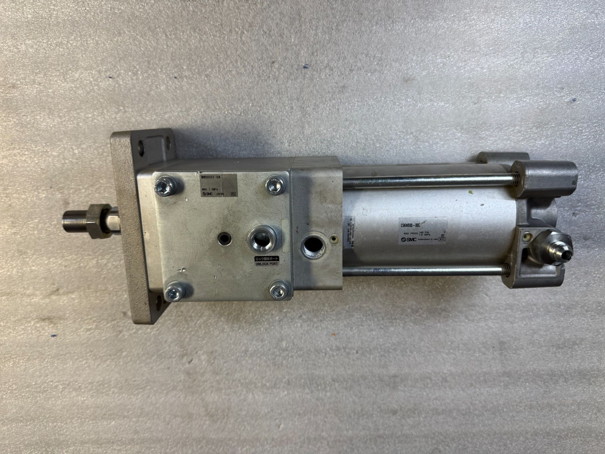 SMC C96NB80‑80C Pneumatic Cylinder w/ MWB80TF‑UA Lock‑Up Unit USED 2