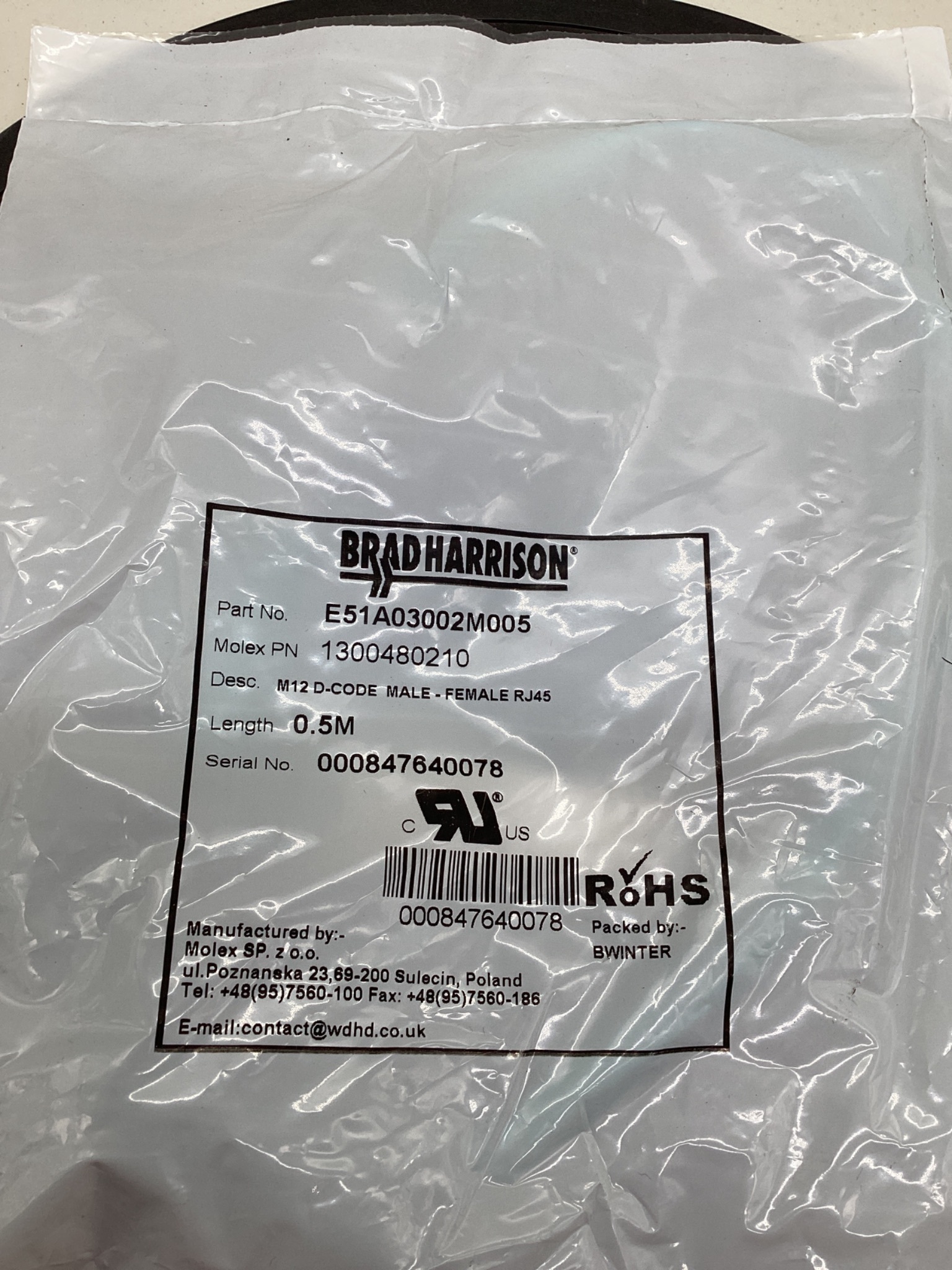 MOLEX / BRAD HARRISON 1300480210 M12 D-Coded To RJ45 Ethernet Cable 0.5M NEW 1