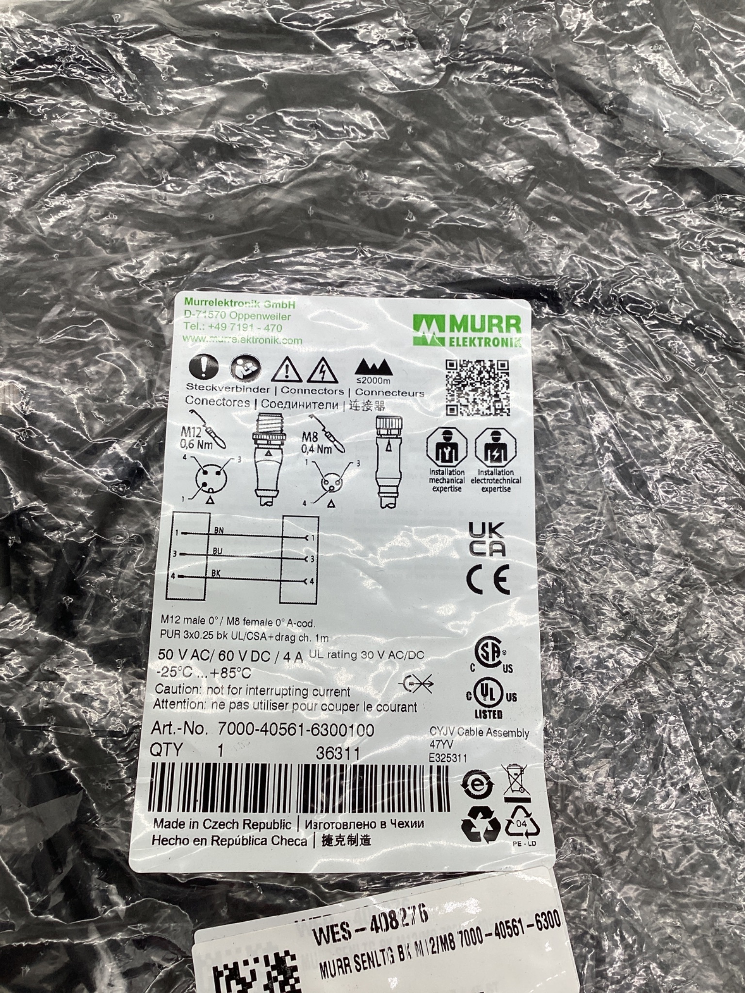 MURR ELEKTRONIK 7000-40561-6300100 M12 To M8 Cordset 1M NEW 1