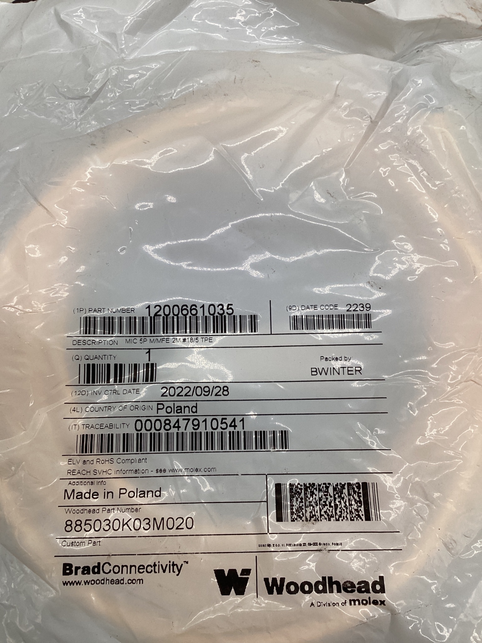 BRAD CONNECTIVITY / MOLEX 1200661035 Micro-Change Cordset 5-Pole 2M NEW 1