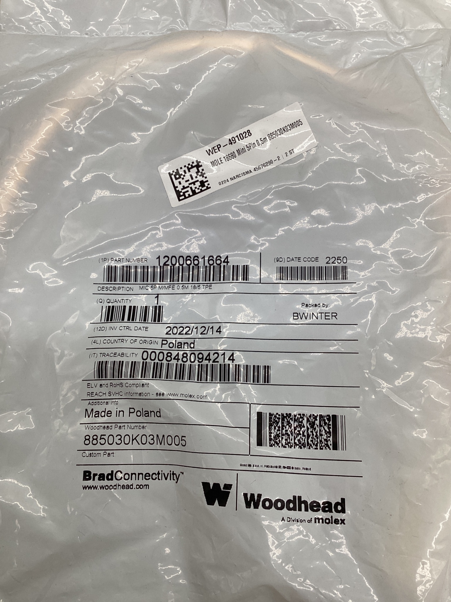 BRAD CONNECTIVITY 1200661664 Micro-Change Cordset 5-Pole 0.5M NEW 1