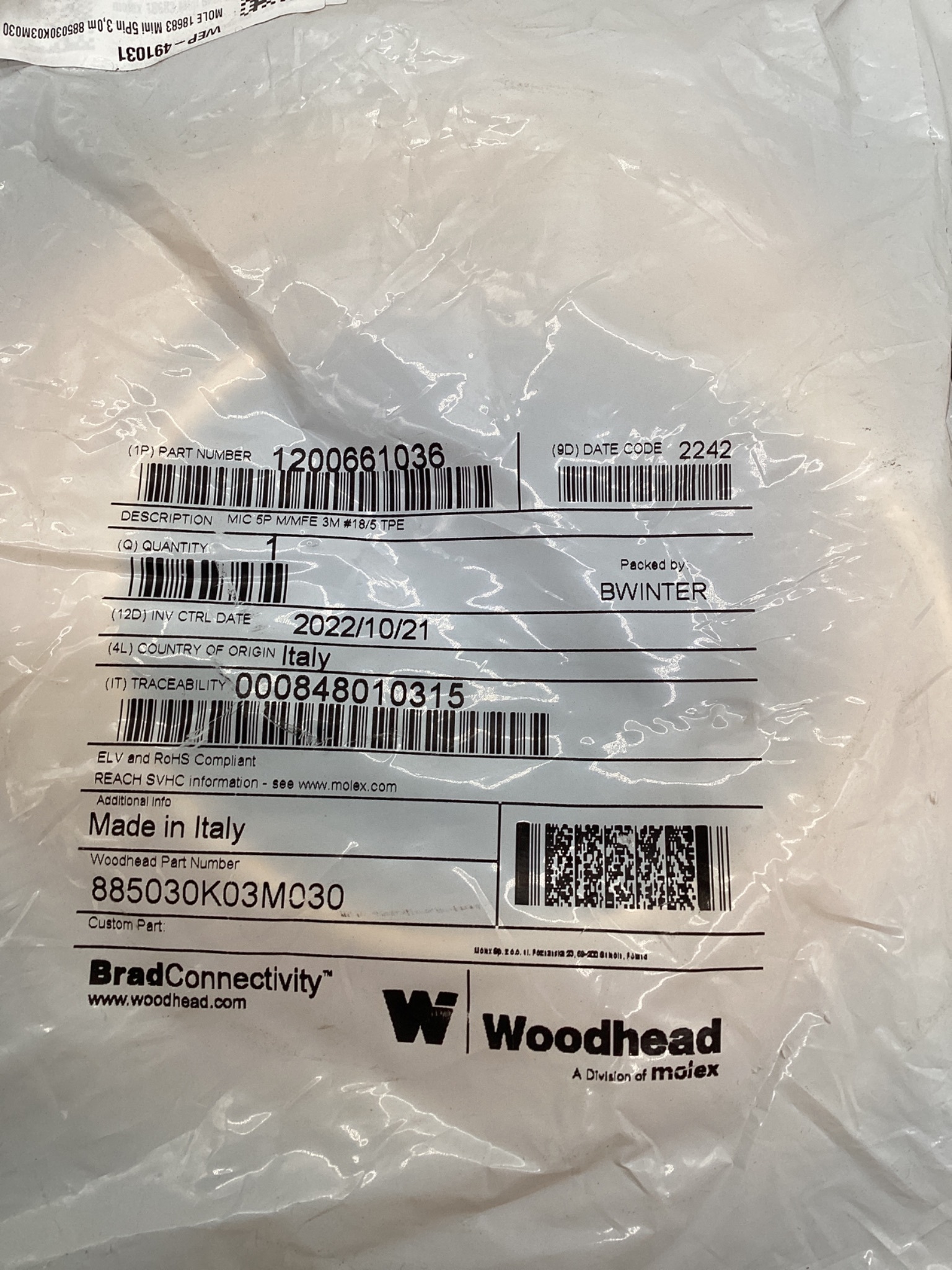 BRAD CONNECTIVITY 1200661036 Micro-Change Cordset 5-Pole 3M NEW 1