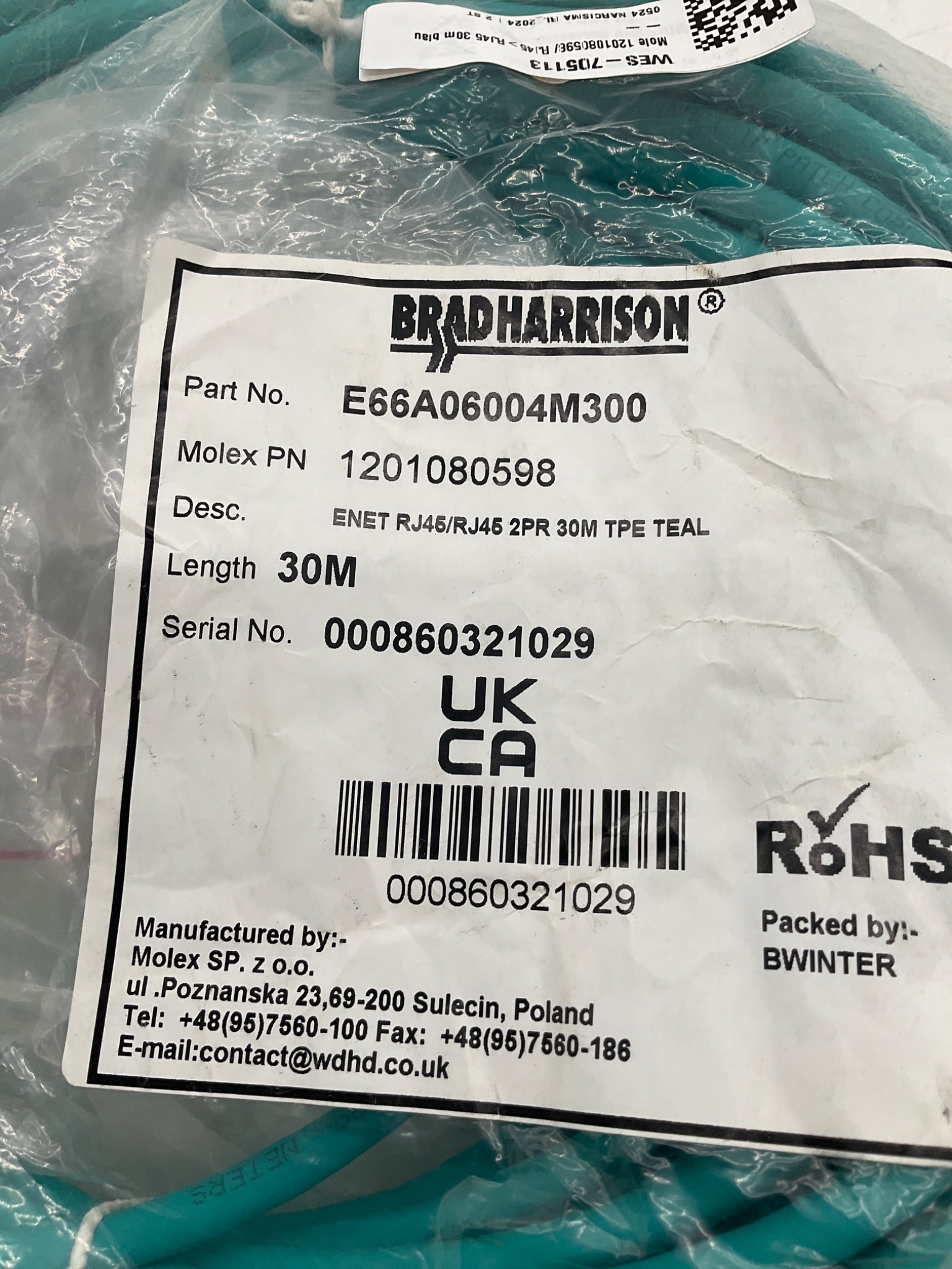 BRAD HARRISON E66A06004M300 Ethernet RJ45 Cordset 30M NEW 1