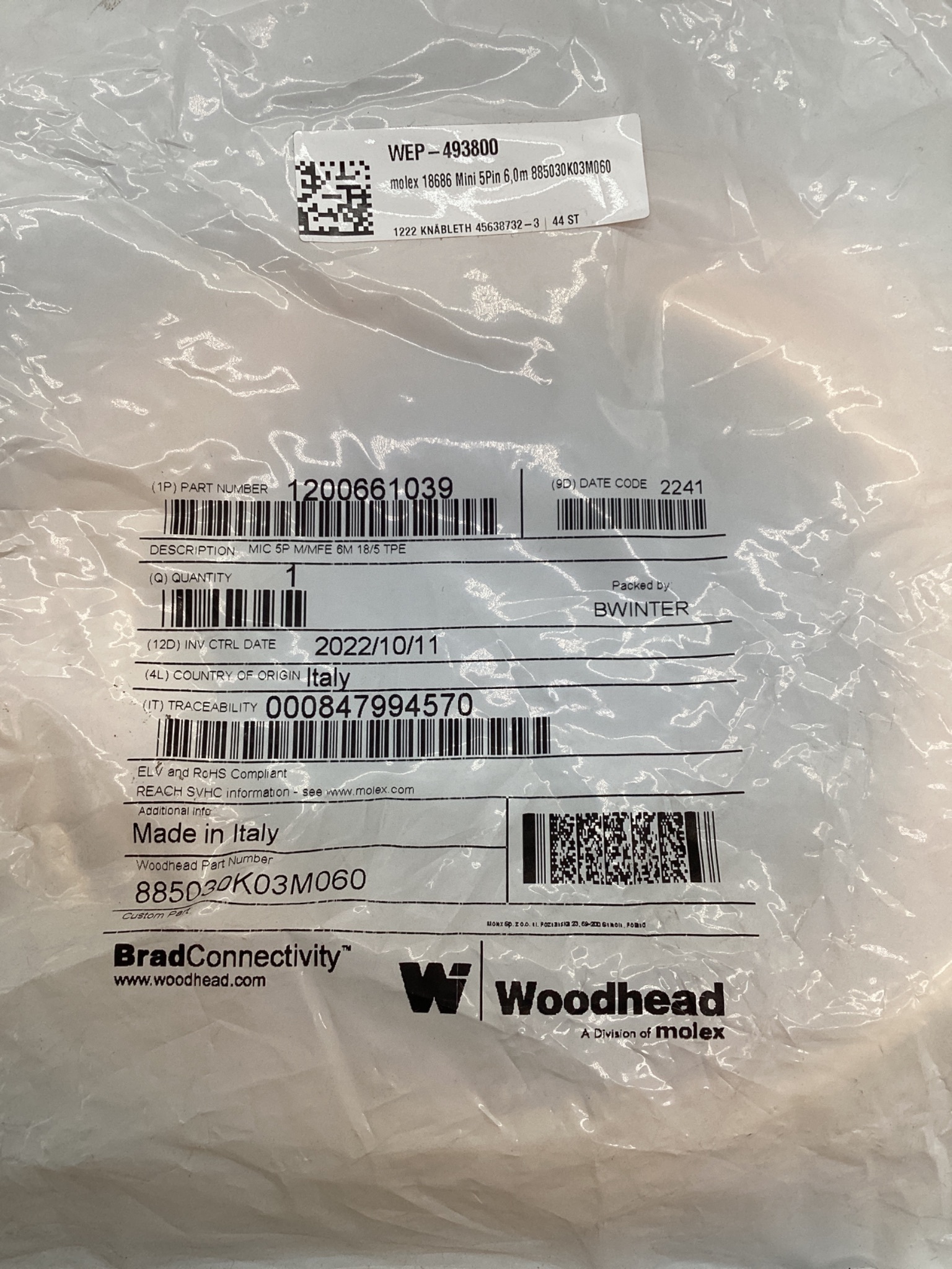 BRAD CONNECTIVITY 1200661039 Micro-Change Cordset 5-Pole 6M NEW 1