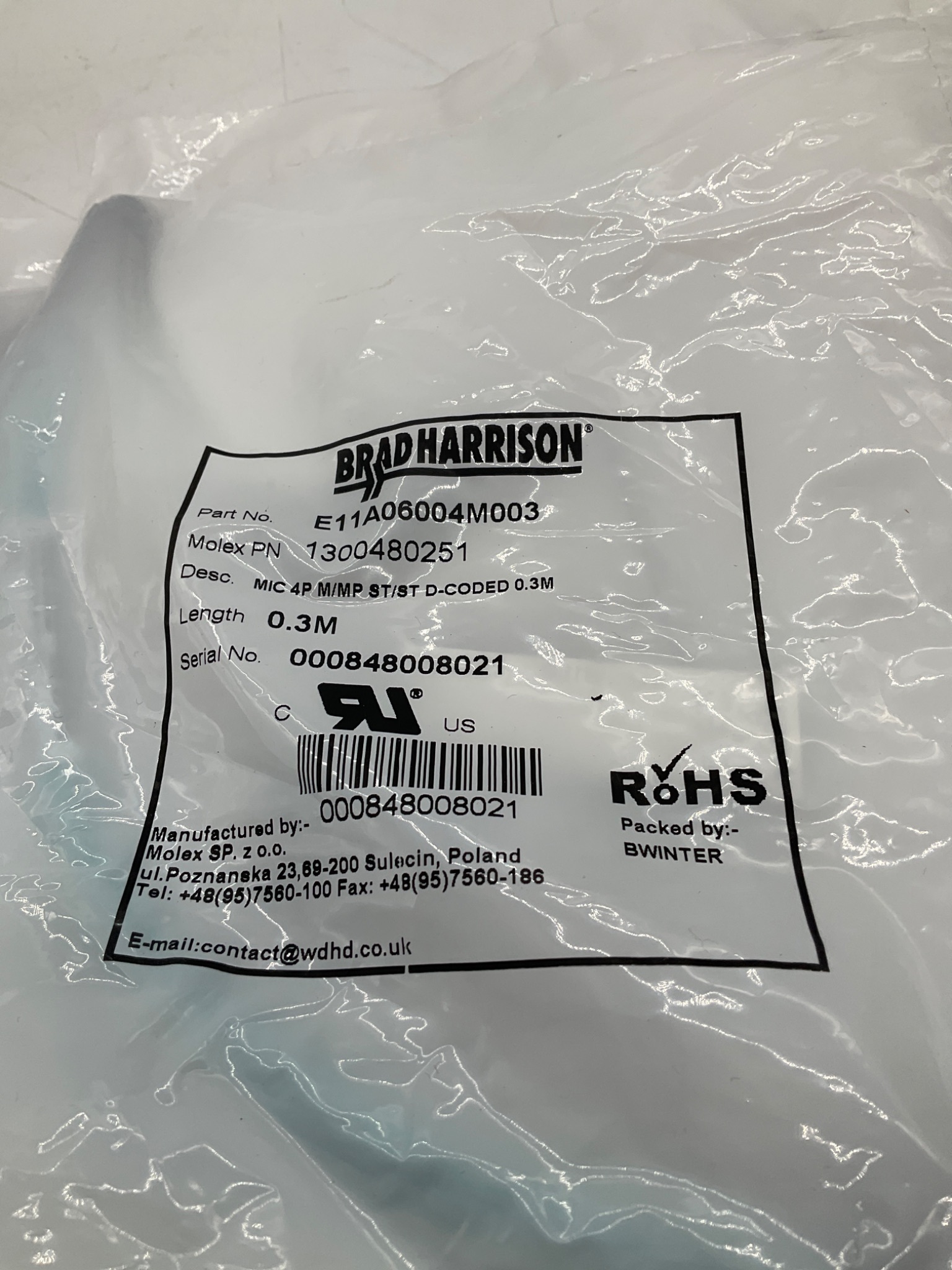 BRAD HARRISON / MOLEX E11A06004M003 D-Coded Ethernet Cordset 0.3M (LOT OF 10) NEW 2