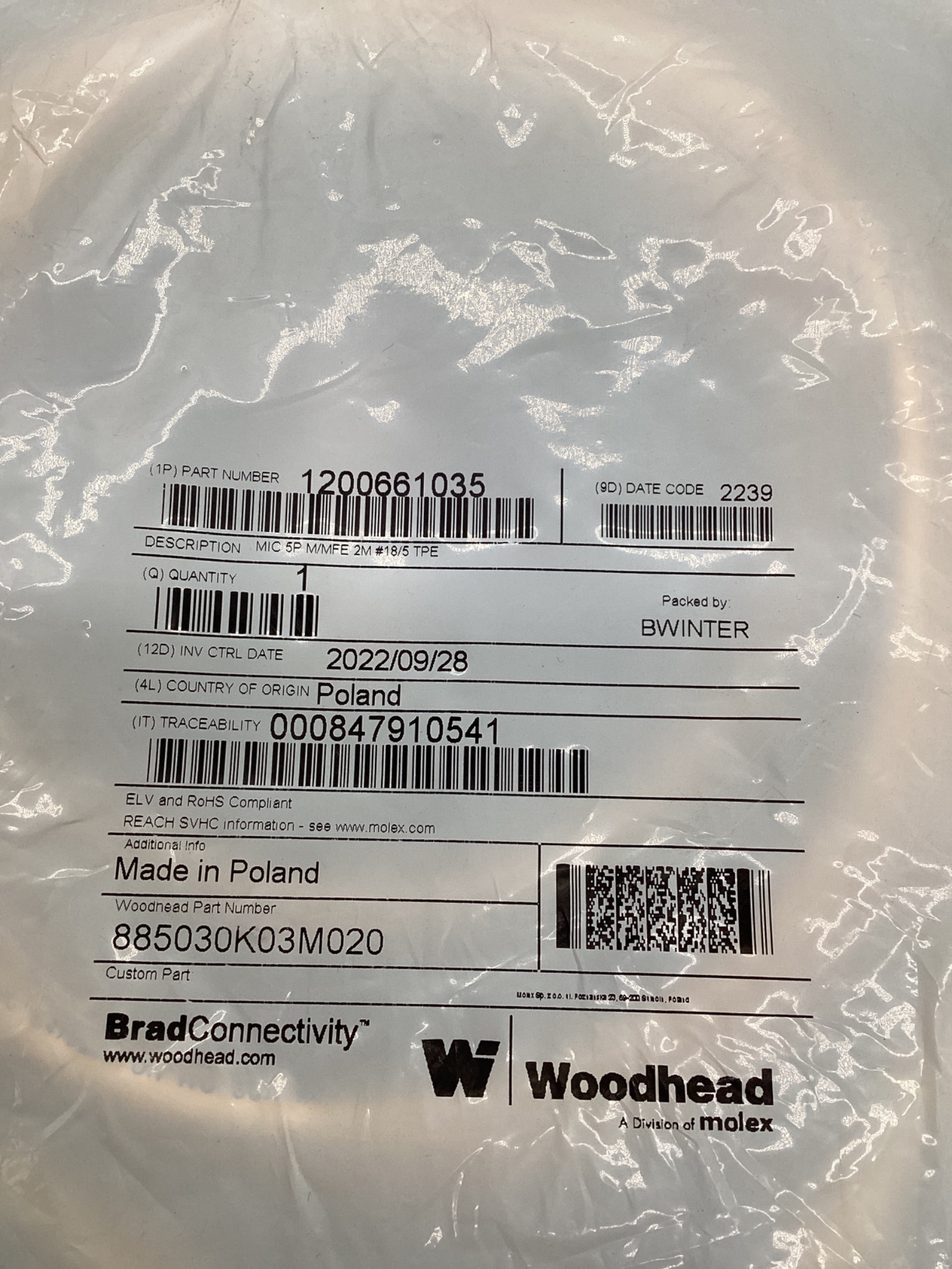 BRAD CONNECTIVITY 1200661035 Micro-Change Cordset 5-Pole 2M NEW 1