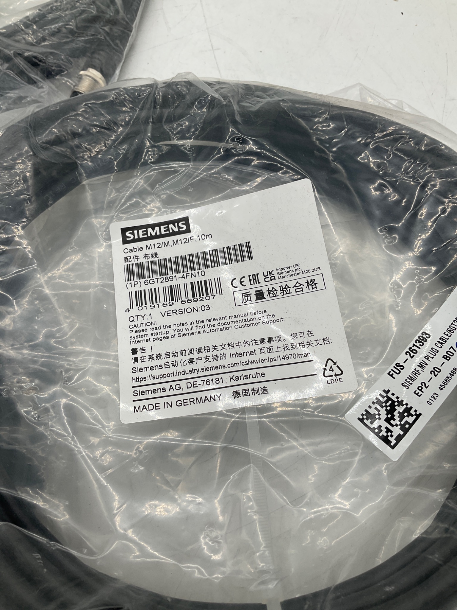 SIEMENS 6GT2891-4FN10 M12 Sensor Cable 10M (LOT OF 5) NEW 1
