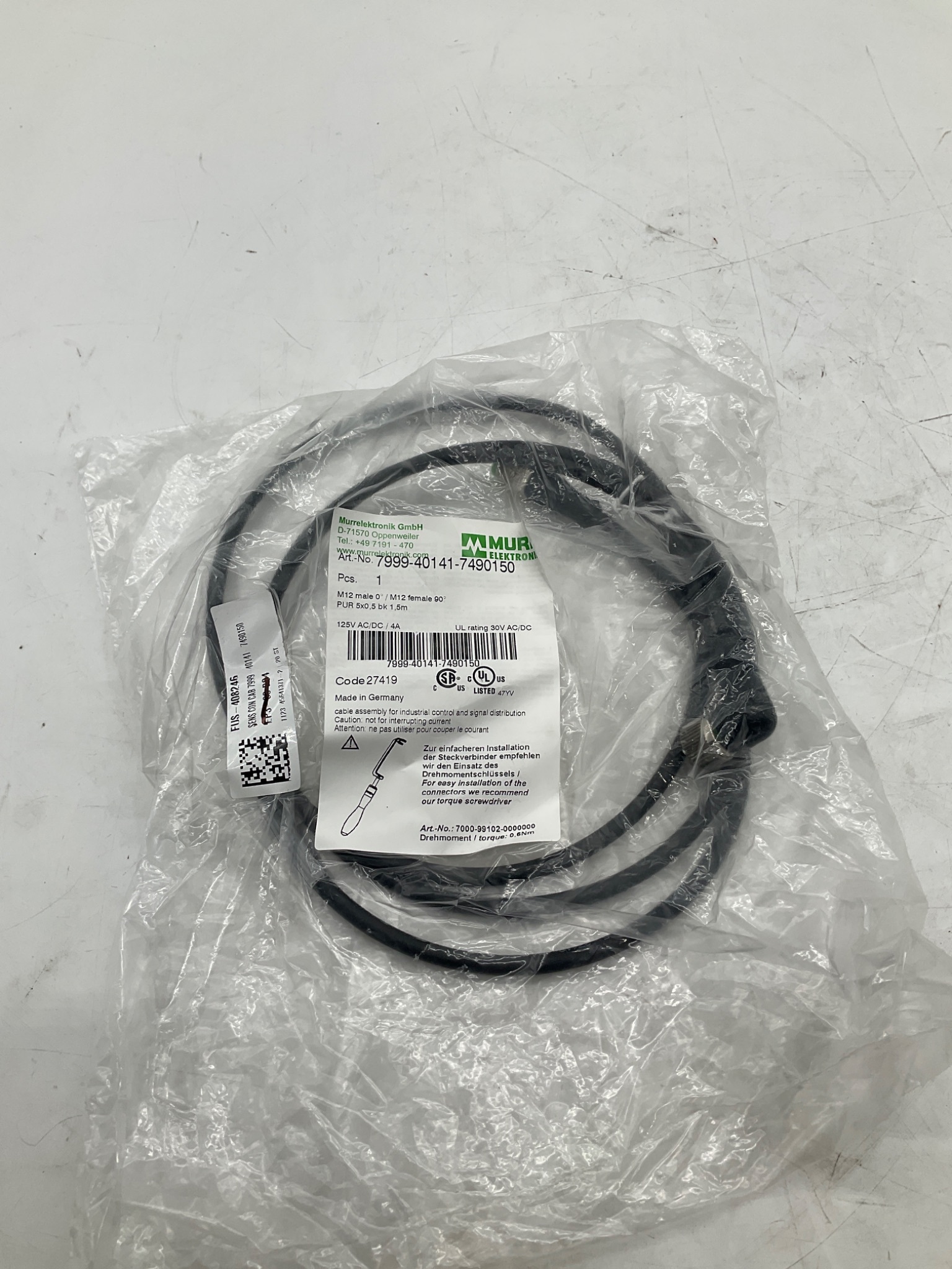MURR ELEKTRONIK 7999-40141-7490150 M12 Sensor Cordset 1.5M NEW 0