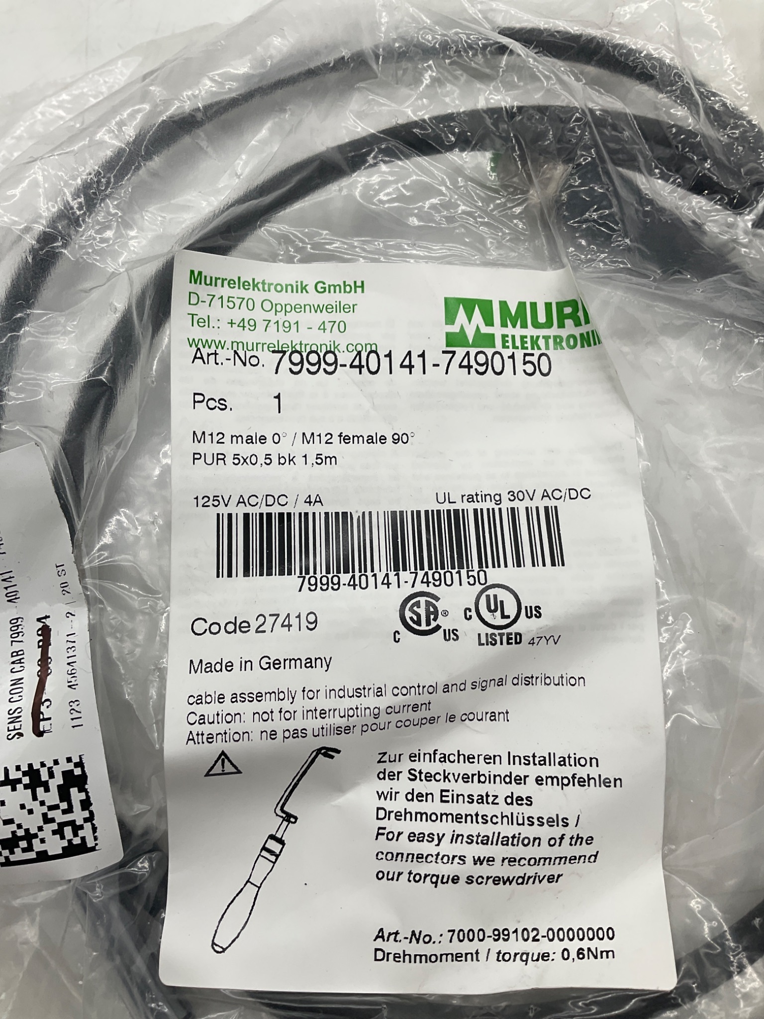 MURR ELEKTRONIK 7999-40141-7490150 M12 Sensor Cordset 1.5M NEW 1