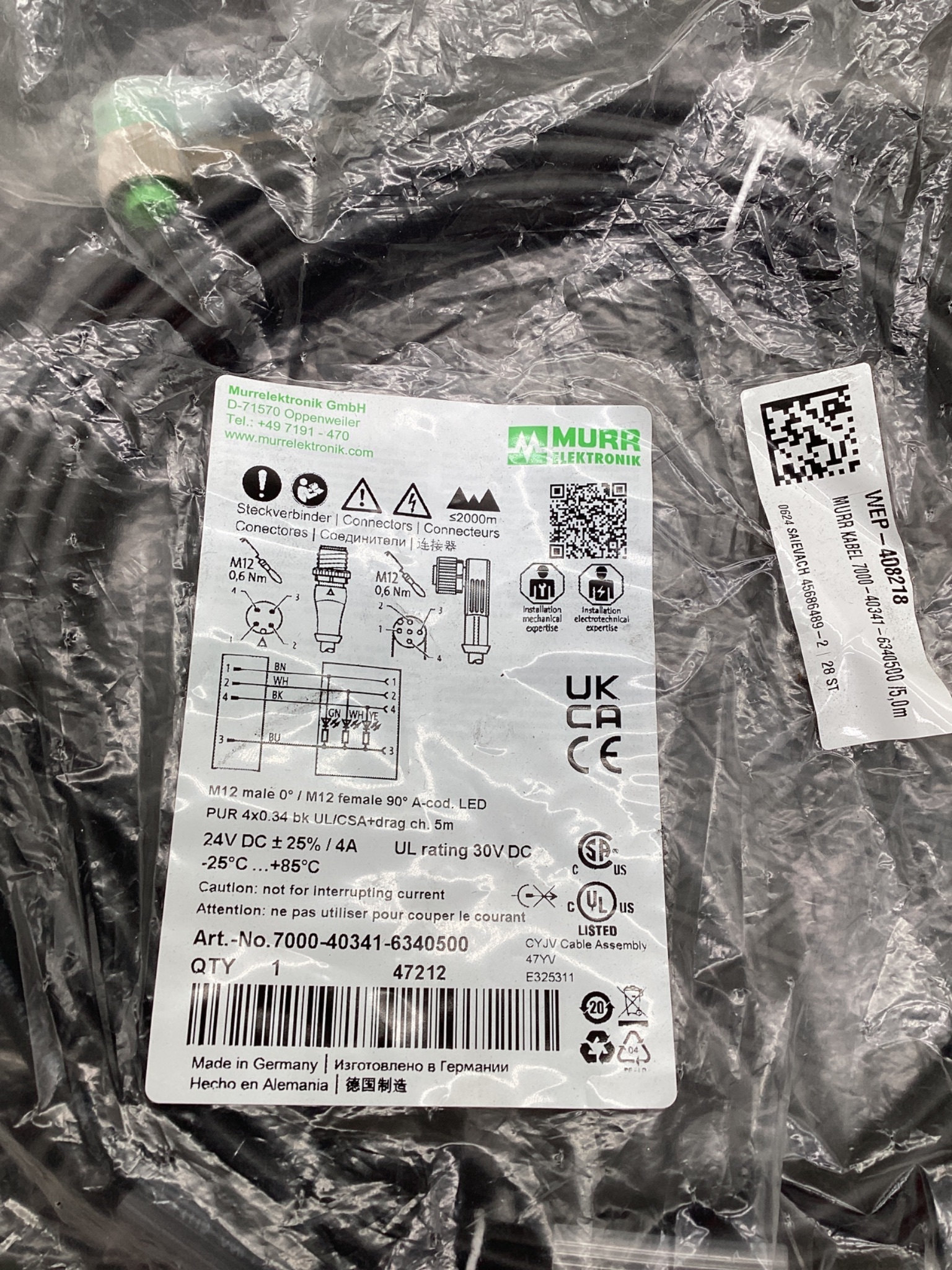 MURR ELEKTRONIK 7000-40341-6340500 M12 LED Cordset 5M NEW 1