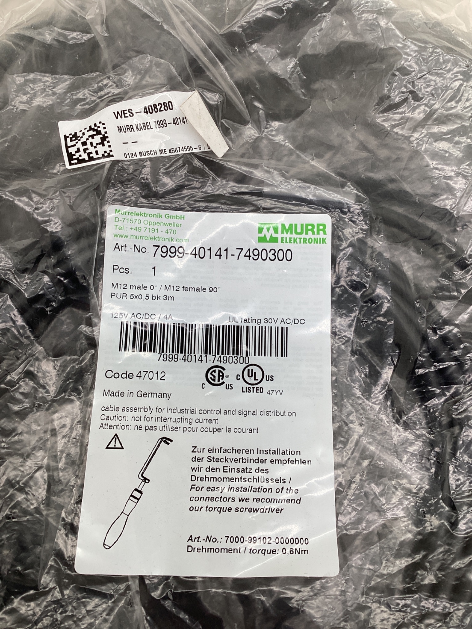 MURR ELEKTRONIK 7000-40341-6340500 M12 LED Cordset 5M NEW 1