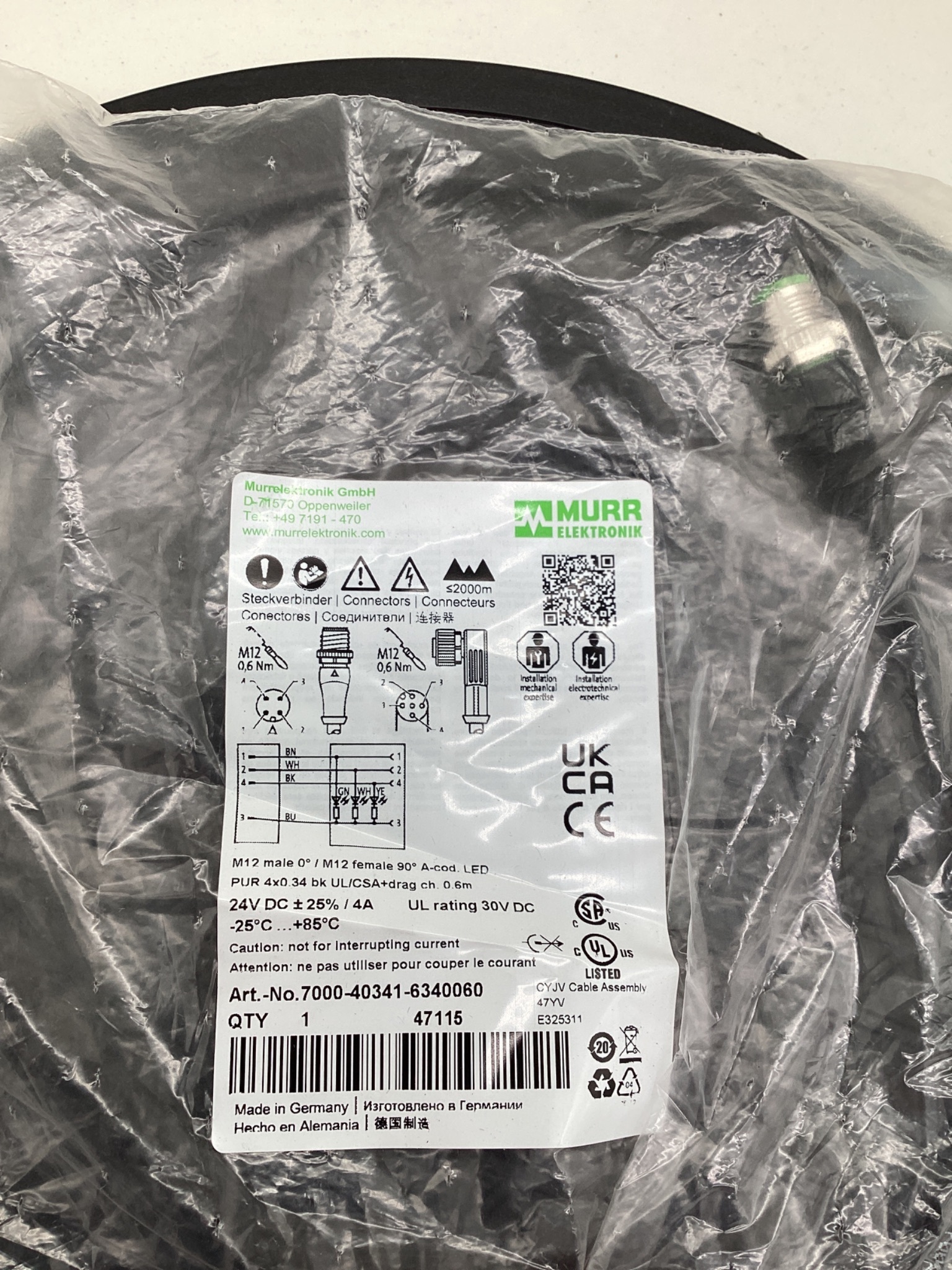 MURR ELEKTRONIK 7000-40341-6340060 M12 LED Cordset 0.6M NEW 1
