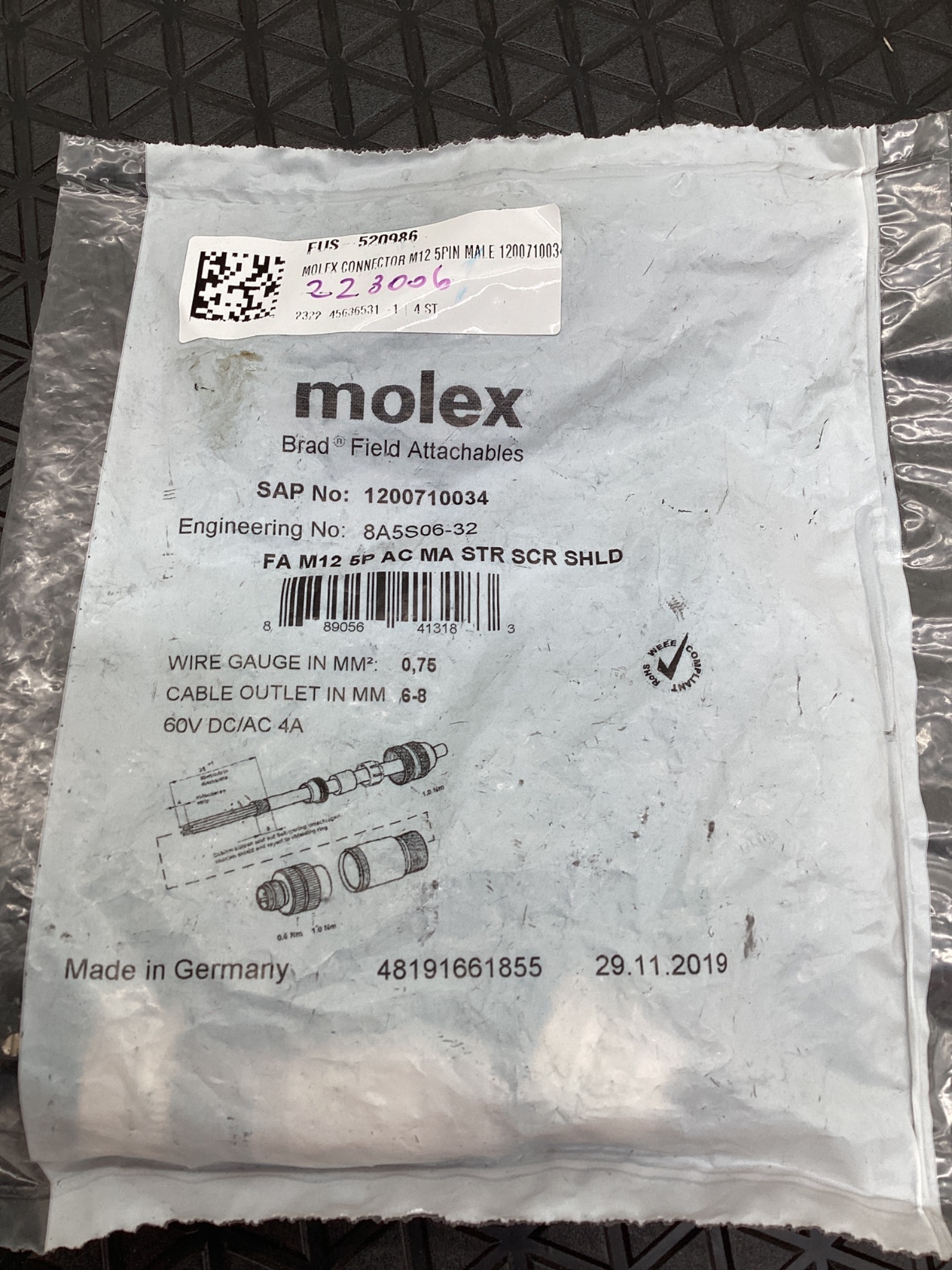 MOLEX 1200710034 Brad Field Attachable M12 Connector 5-Pole Male NEW 1