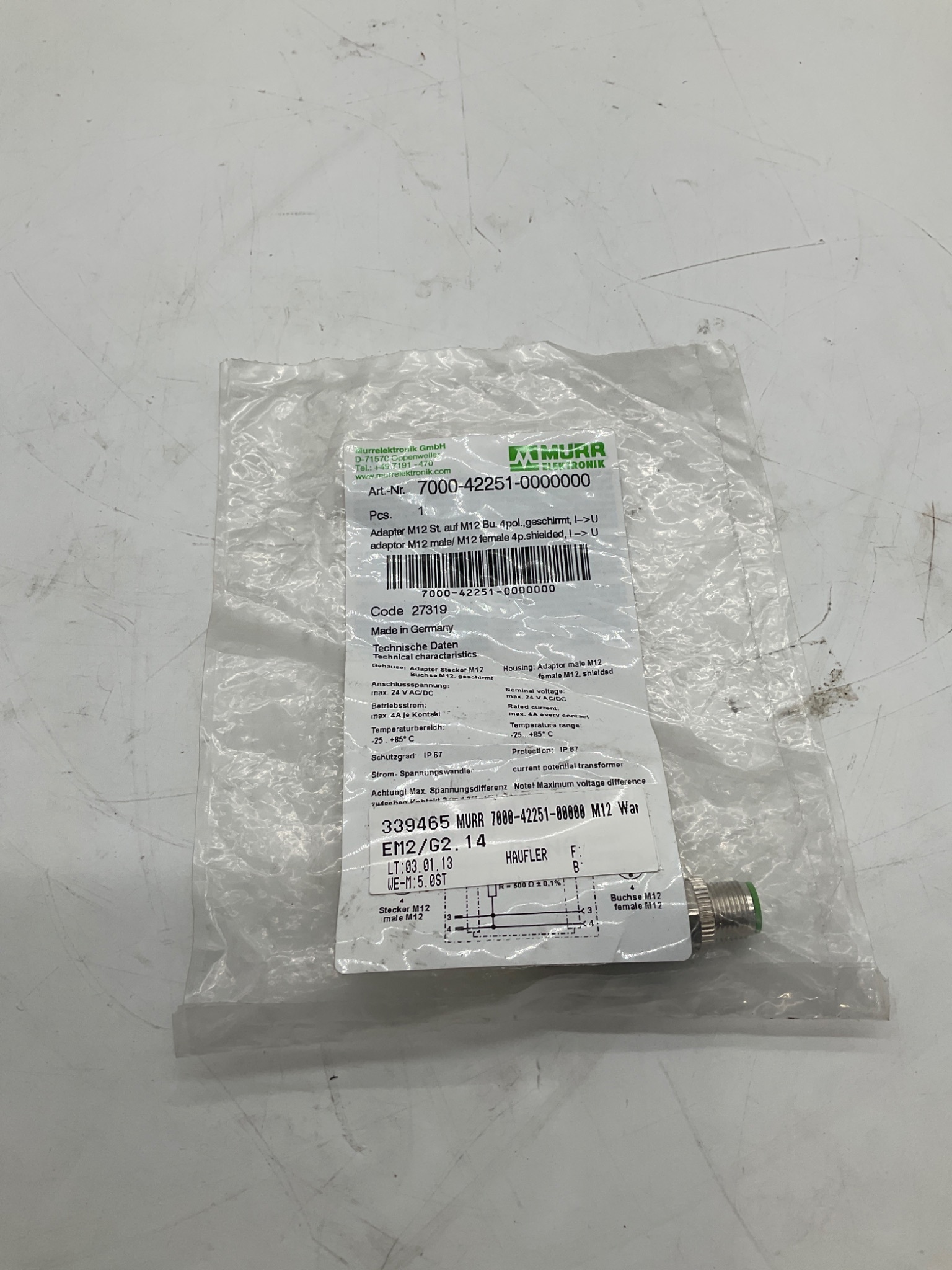 MURR ELEKTRONIK 7000-42251-0000000 M12 Shielded Adapter 4-Pole NEW 0