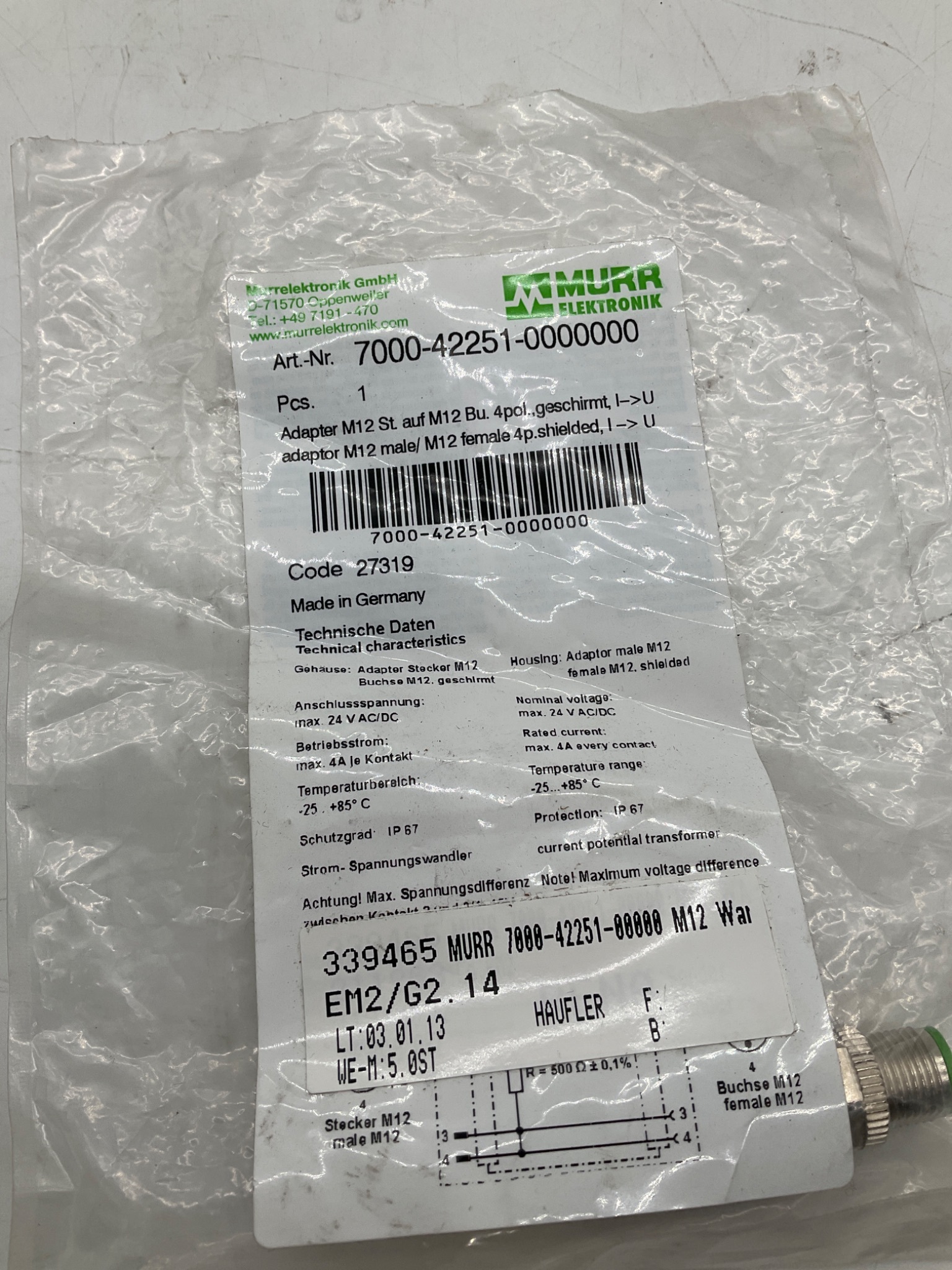 MURR ELEKTRONIK 7000-42251-0000000 M12 Shielded Adapter 4-Pole NEW 1